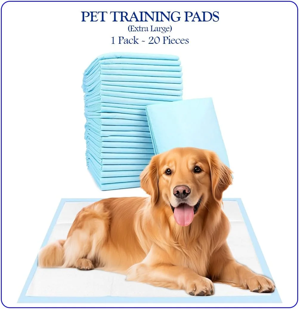 پد آموزش ادرار سگ، پدهای نرم و خشک‌شونده سریع برای حیوانات خانگی با هر سایز، 60x90 سانتی‌متر (XL)، ضخامت 5 لایه، جاذب، پدهای یکبار مصرف، پدهای ضد نشت و قابل حمل، 20 عدد در 1 بسته (آبی)