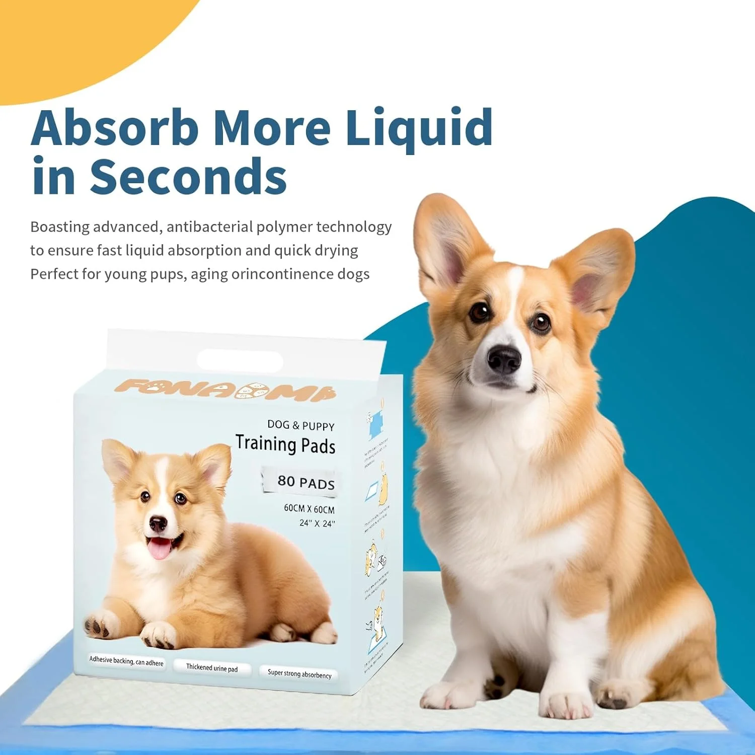 پد آموزش ادرار سگ، پدهای ضد آب و ضد نشت برای آموزش سگ و توله سگ، 80 عدد، ظرفیت بزرگ، چسب دار، جاذب، پدهای آموزش توالت، پدهای سگ