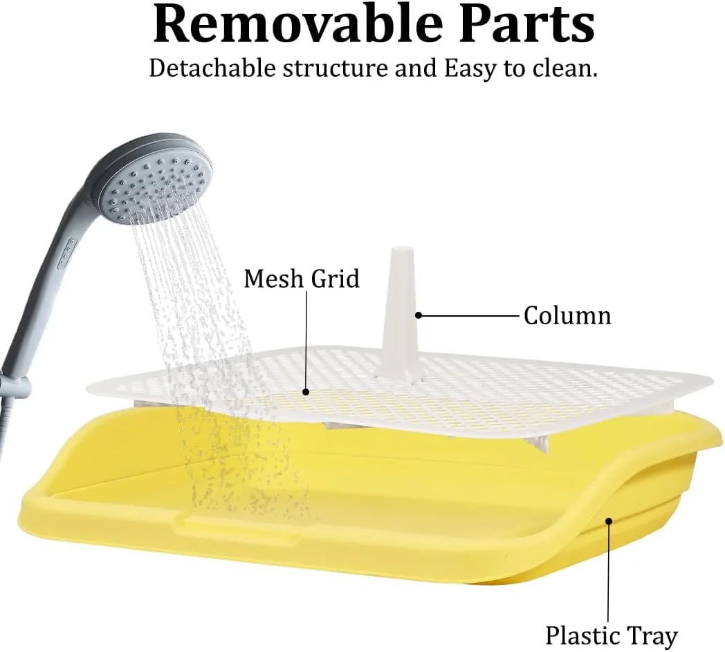 سینی آموزش توالت سگ با نگهدارنده پد ادرار، جنس پلاستیک بادوام، تمیز کردن آسان و نرده بلند، سینی دستشویی سگ با توری جداشدنی، قابل استفاده مجدد، ایده آل برای سگ های کوچک تا متوسط، 48 سانتی متر (زرد)