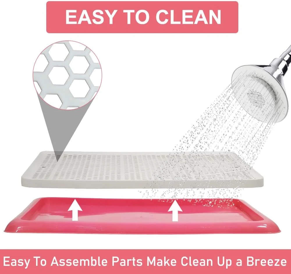 سینی آموزش توالت سگ با میله ادرار جداشدنی، طراحی شبکه ای و کف ضد لغزش، توالت حیوانات خانگی مقاوم برای سگ های بزرگ، نگهدارنده پد ادرار سگ، حفظ پاکیزگی کف 65 سانتی متر (صورتی)