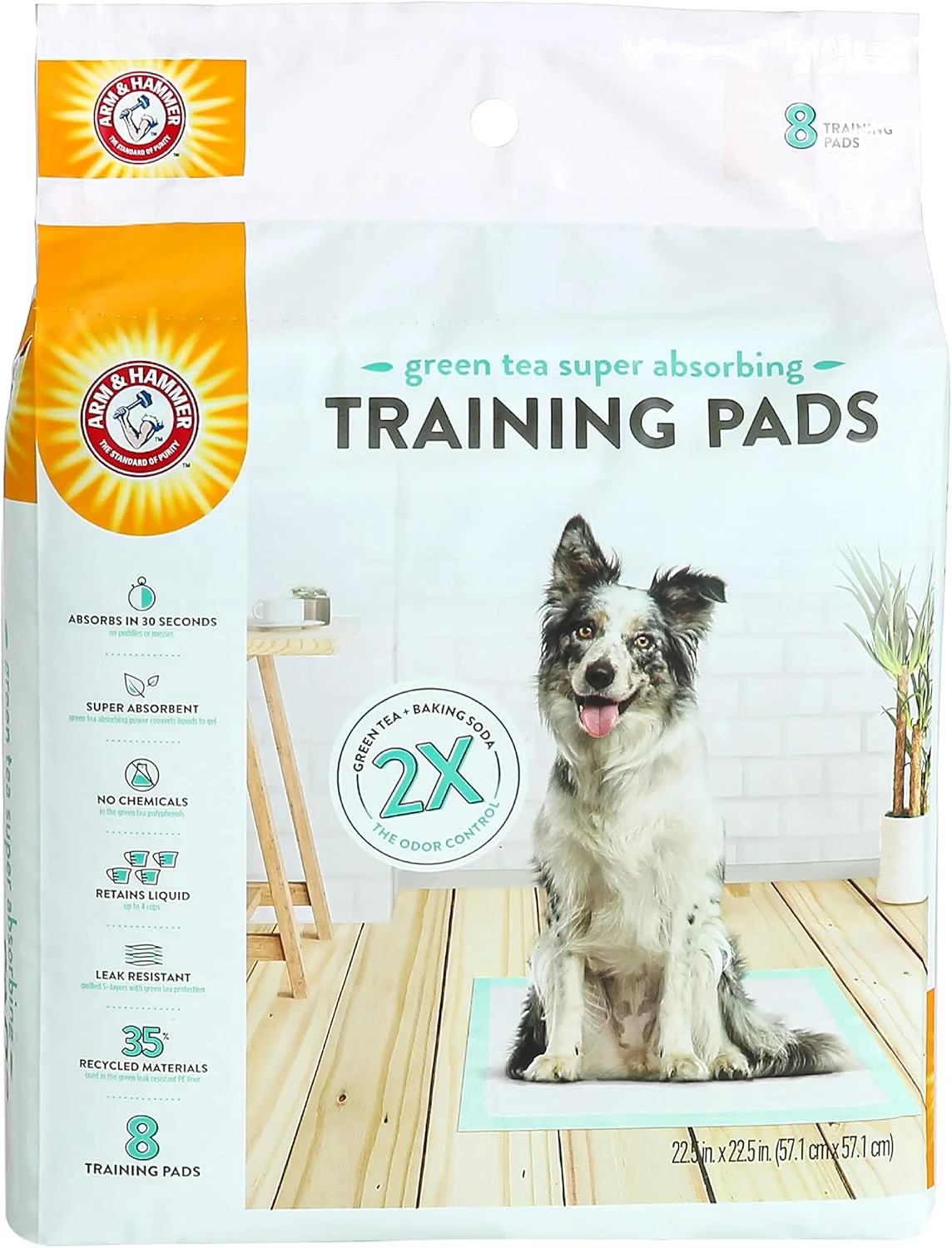پدهای آموزشی سگ چای سبز Arm & Hammer | پدهای آموزشی سگ 8 عددی با جوش شیرین چای سبز فوق العاده جاذب برای 2 برابر کنترل بو | پدهای آموزشی ضد نشت و بازیافتی برای سگ ها