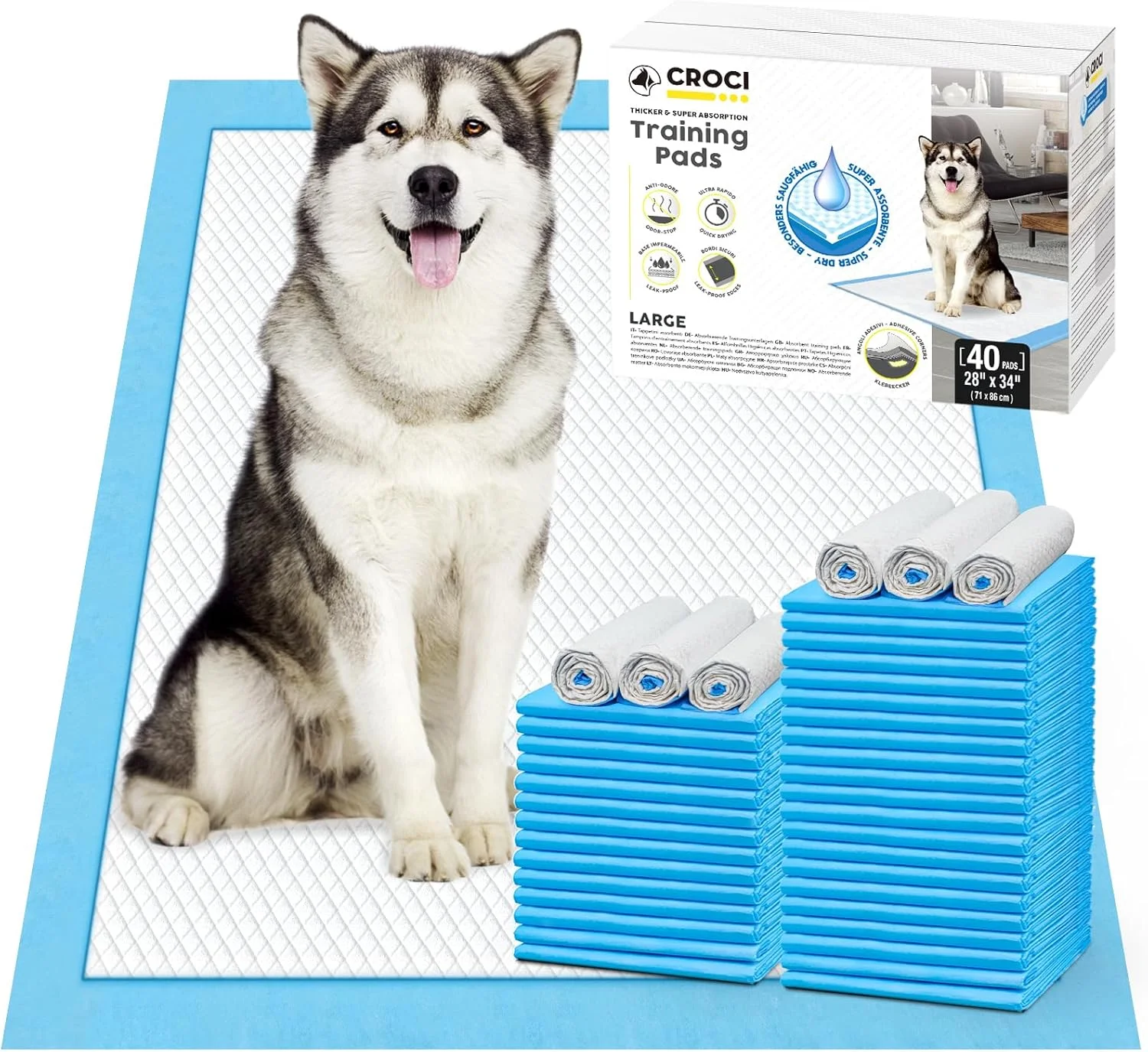 پدهای ادرار سگ کروچی، پدهای آموزشی فوق العاده بزرگ برای توله سگ، 71x86 سانتی متر، پدهای سگ تا 6 فنجان مایع را جذب می کنند، پدهای آموزشی حیوانات خانگی 6 لایه ضد نشت و خشک شونده سریع، یکبار مصرف (40 عدد)