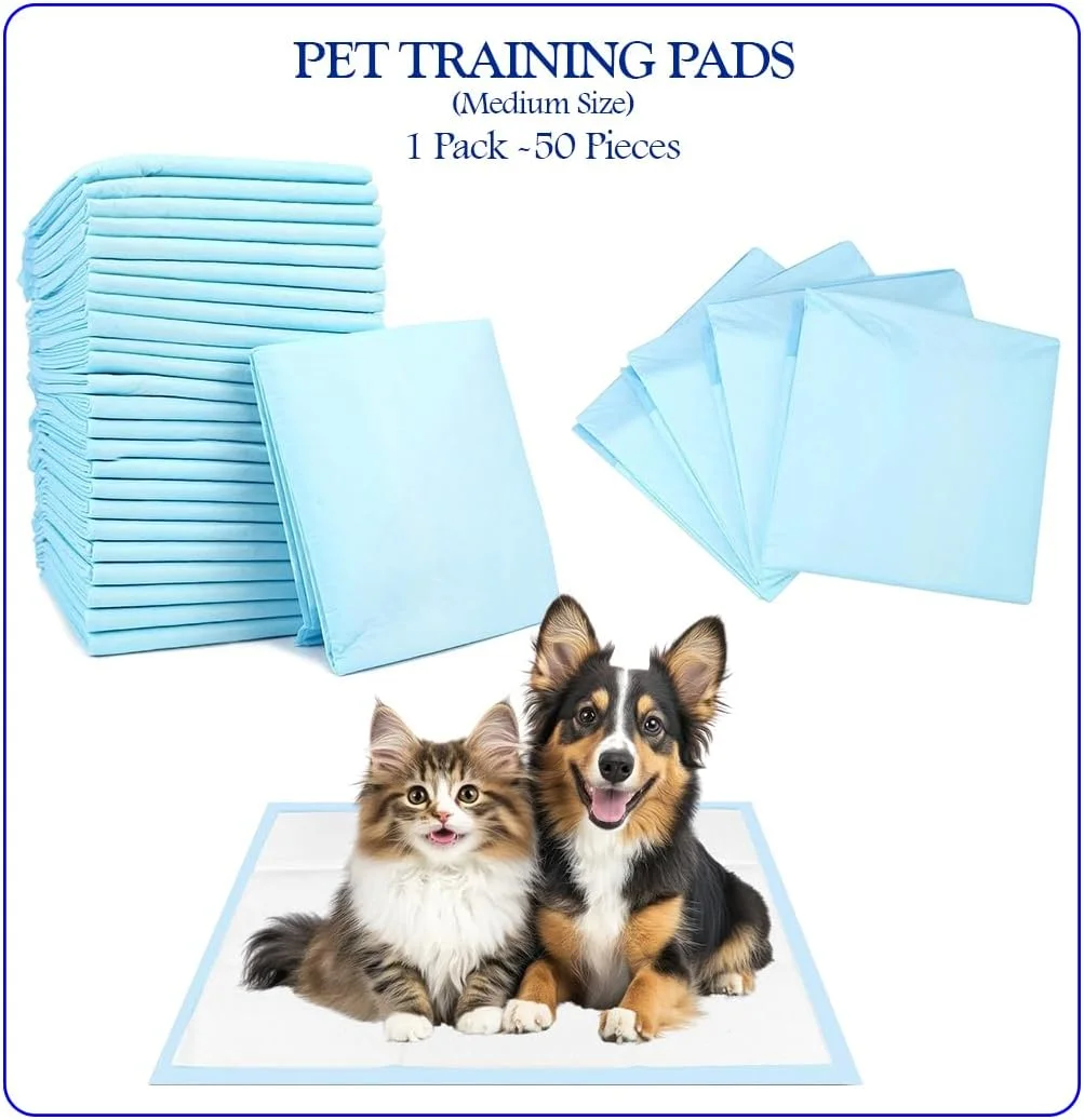 پدهای آموزشی برای سگ و گربه، پدهای ادرار قابل حمل، بسته 50 عددی، پدهای آموزشی جاذب، 45x60 سانتی متر (M)، ضد نشت، نرم و راحت، پد آموزشی یکبار مصرف با پدهای خشک شونده سریع حیوانات خانگی (آبی)