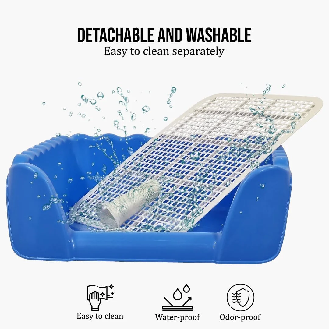 آموزش توالت سگ خانگی با میله راهنمای ادرار، نگهدارنده پد ادرار قابل استفاده مجدد و مرتفع، توالت سگ ضد پاشش جداشدنی برای نژادهای متوسط تا بزرگ، توالت سگ بادوام و با تمیز کردن آسان 53 سانتی متر (آبی)