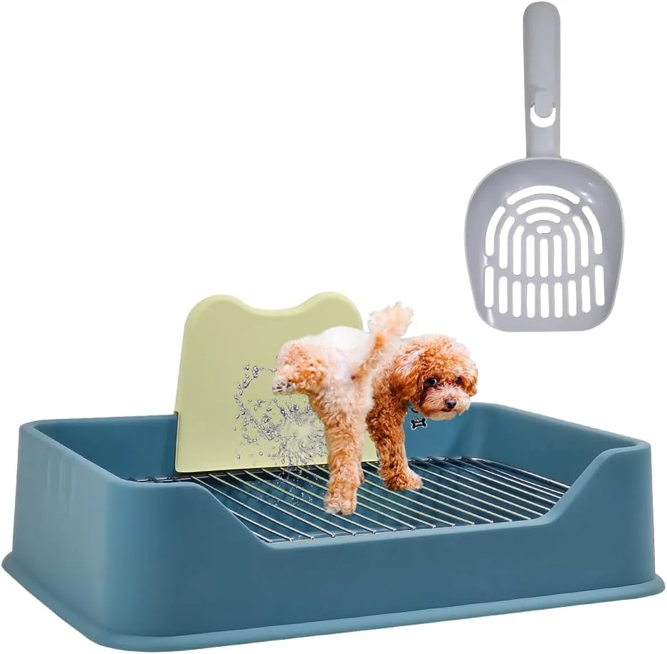 توالت سگ با طراحی ضد پاشش، سینی سگ خانگی مناسب فضای داخلی و خارجی به همراه بیلچه، توالت سگ برای سگ های کوچک و متوسط برای حفظ تمیزی پنجه ها و کف، توری استیل ضد زنگ (آبی)