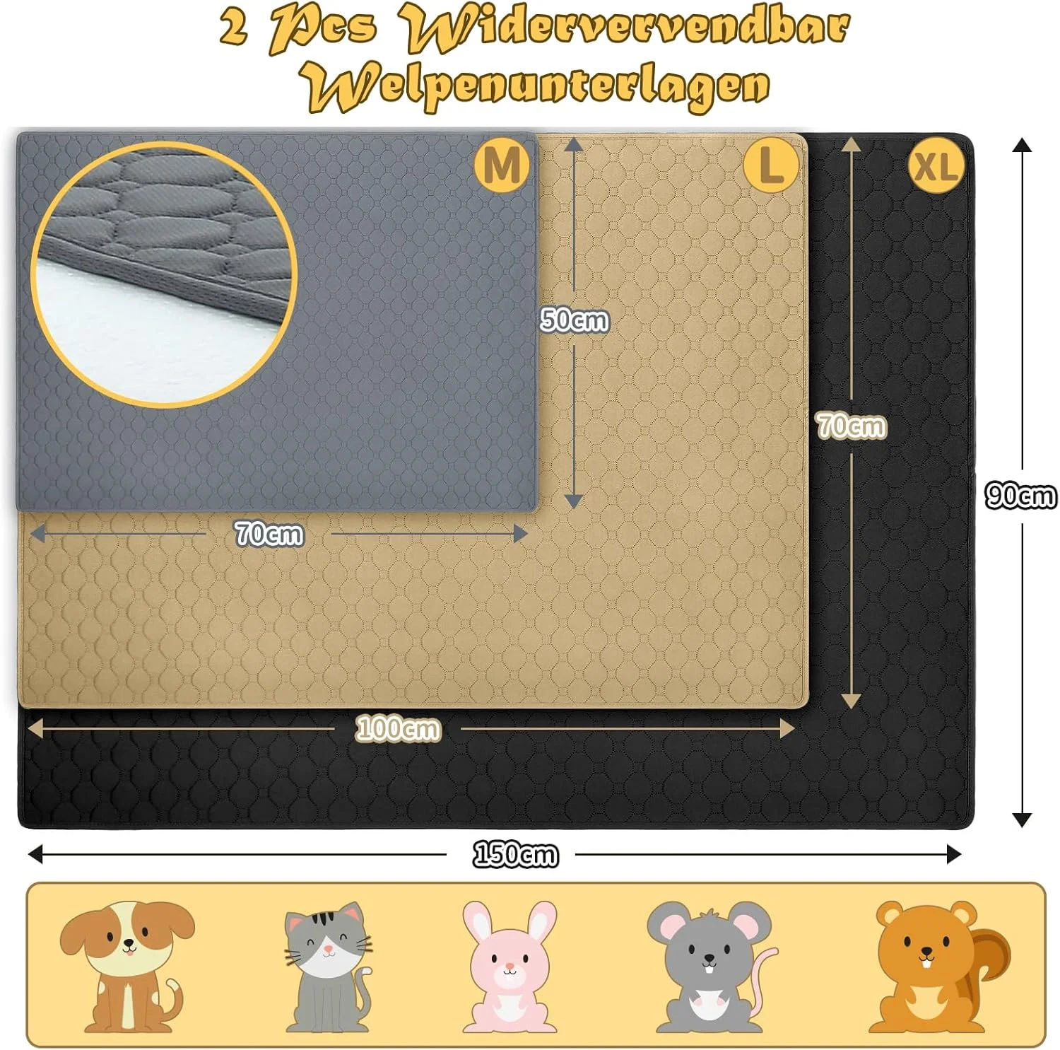 پد آموزشی سگ/گربه، ست 2 عددی | جذب فوق العاده قوی | ضد آب و ضد لغزش | قابل شستشو و استفاده مجدد | برای توله سگ ها و حیوانات خانگی (مشکی، 50 × 70 سانتی متر)