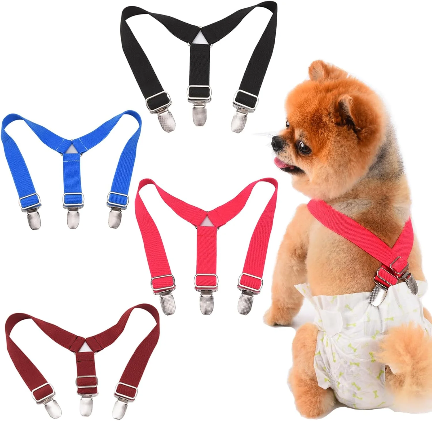 بسته 4 عددی بند نگهدارنده پوشک سگ TESSVEYA، بندهای نگهدارنده پوشک سگ، کمربند شکمی سگ، مهار نگهدارنده پوشک برای سگ های کوچک، متوسط و بزرگ (مشکی و قرمز و آبی، L)