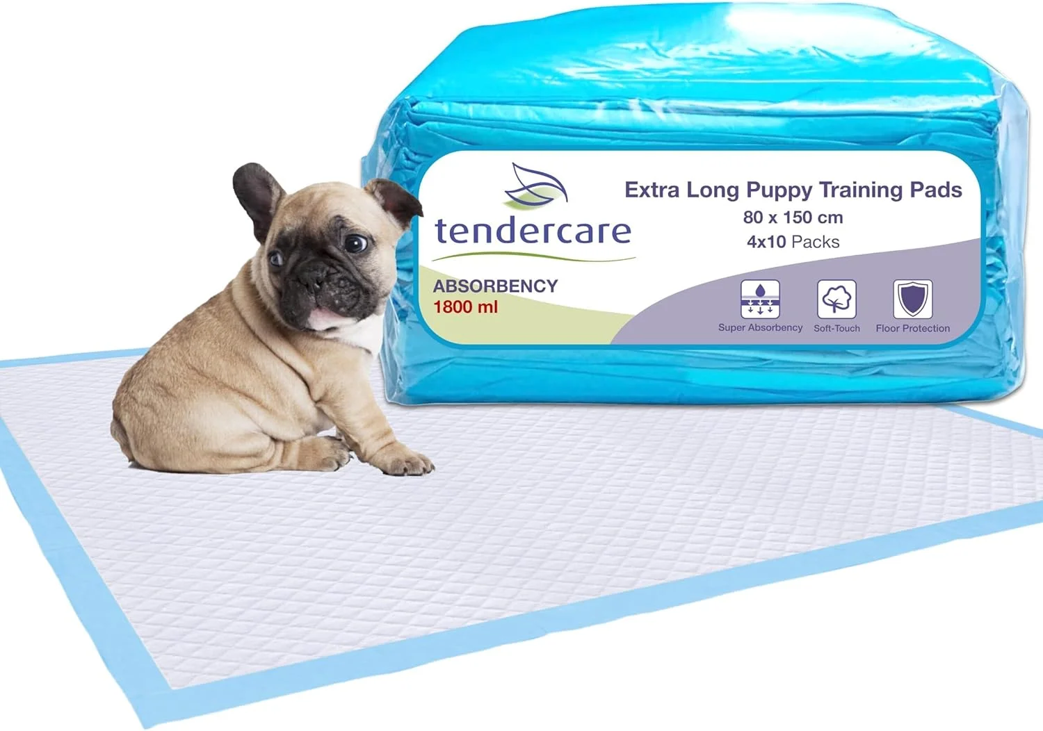 پدهای آموزشی سگ Tendercare - 40 عدد پد فوق العاده بلند - 80 x 150 سانتی متر - فوق العاده جاذب و ضد آب - پدهای یکبار مصرف بی اختیاری