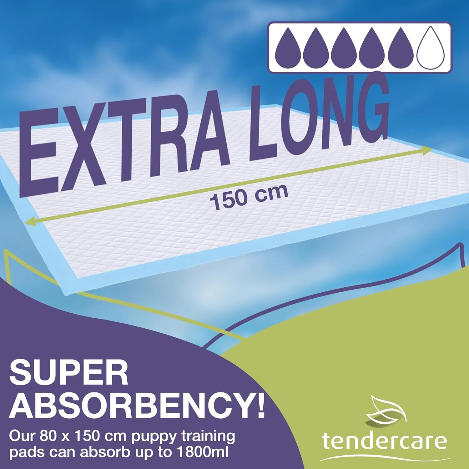 پدهای آموزشی سگ Tendercare - 40 عدد پد فوق العاده بلند - 80 x 150 سانتی متر - فوق العاده جاذب و ضد آب - پدهای یکبار مصرف بی اختیاری پدهای آموزشی سگ Tendercare - 40 عدد پد فوق العاده بلند - 80 x 150 سانتی متر - فوق العاده جاذب و ضد آب - پدهای یکبار مصرف بی اختیاری