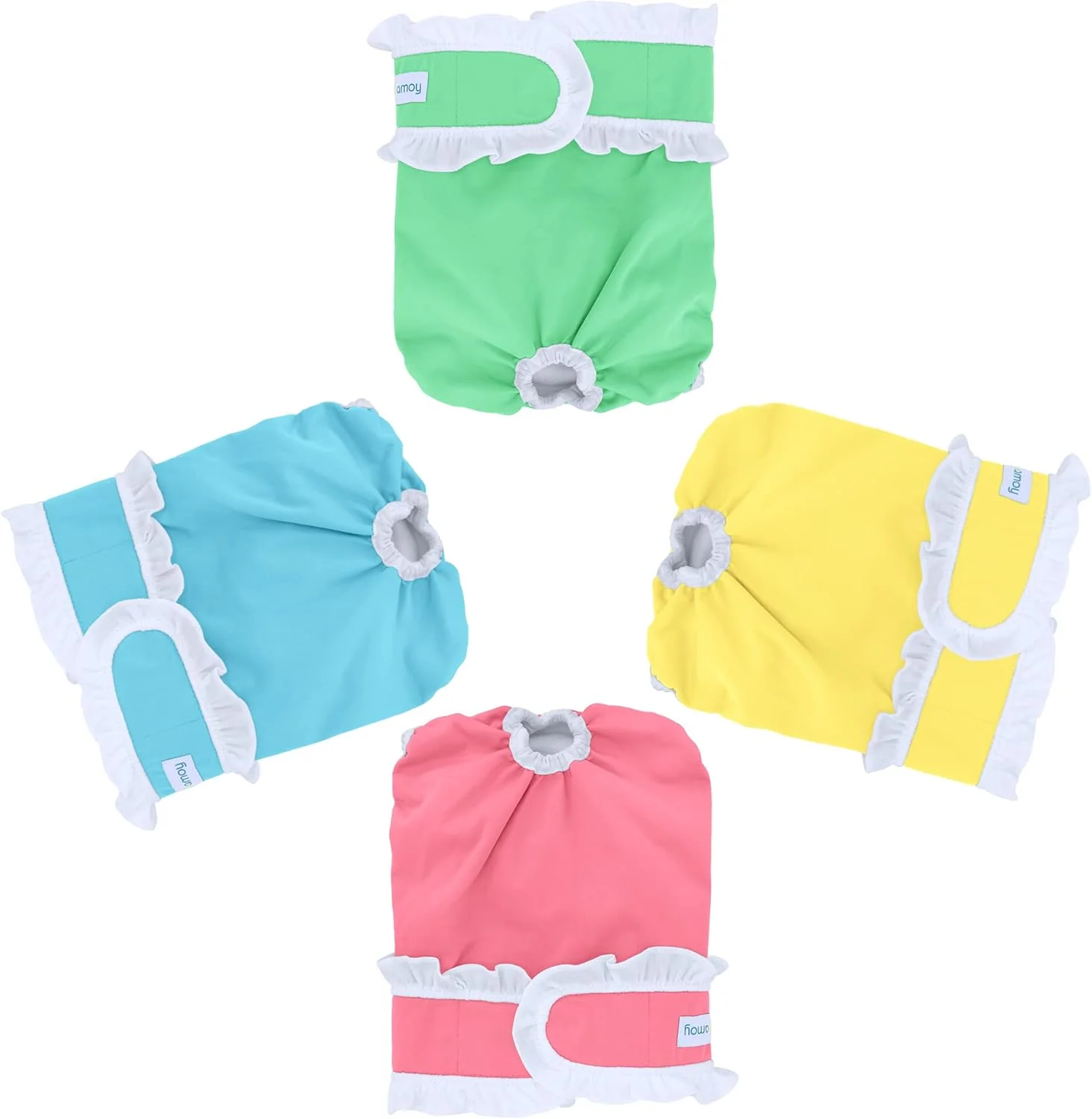 پوشک سگ ماده قابل شستشو Teamoy، بسته 4 عددی با لبه سفید، پوشک بی اختیاری ادرار برای سگ های ماده، صورتی + زرد + آبی + سبز، L1