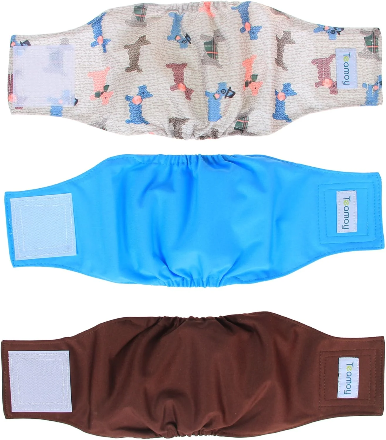 پوشک های پارچه ای قابل شستشو تیموی برای سگ های نر، شکم بند توله سگ سایز کوچک (دور کمر 25 تا 33 سانتی متر)، آبی روشن + سگ + قهوه ای، بسته 3 عددی