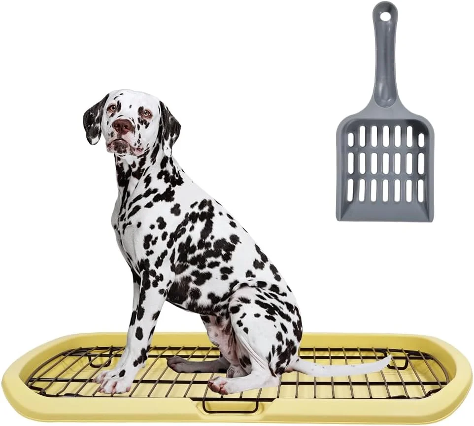 توالت سگ تخت سایز بزرگ، توالت حیوانات خانگی با توری استیل ضد زنگ و بیلچه، آموزش سگ برای جلوگیری از پاشیدن ادرار سگ های متوسط و بزرگ، قابل شستشو (زرد) 65 سانتی متر