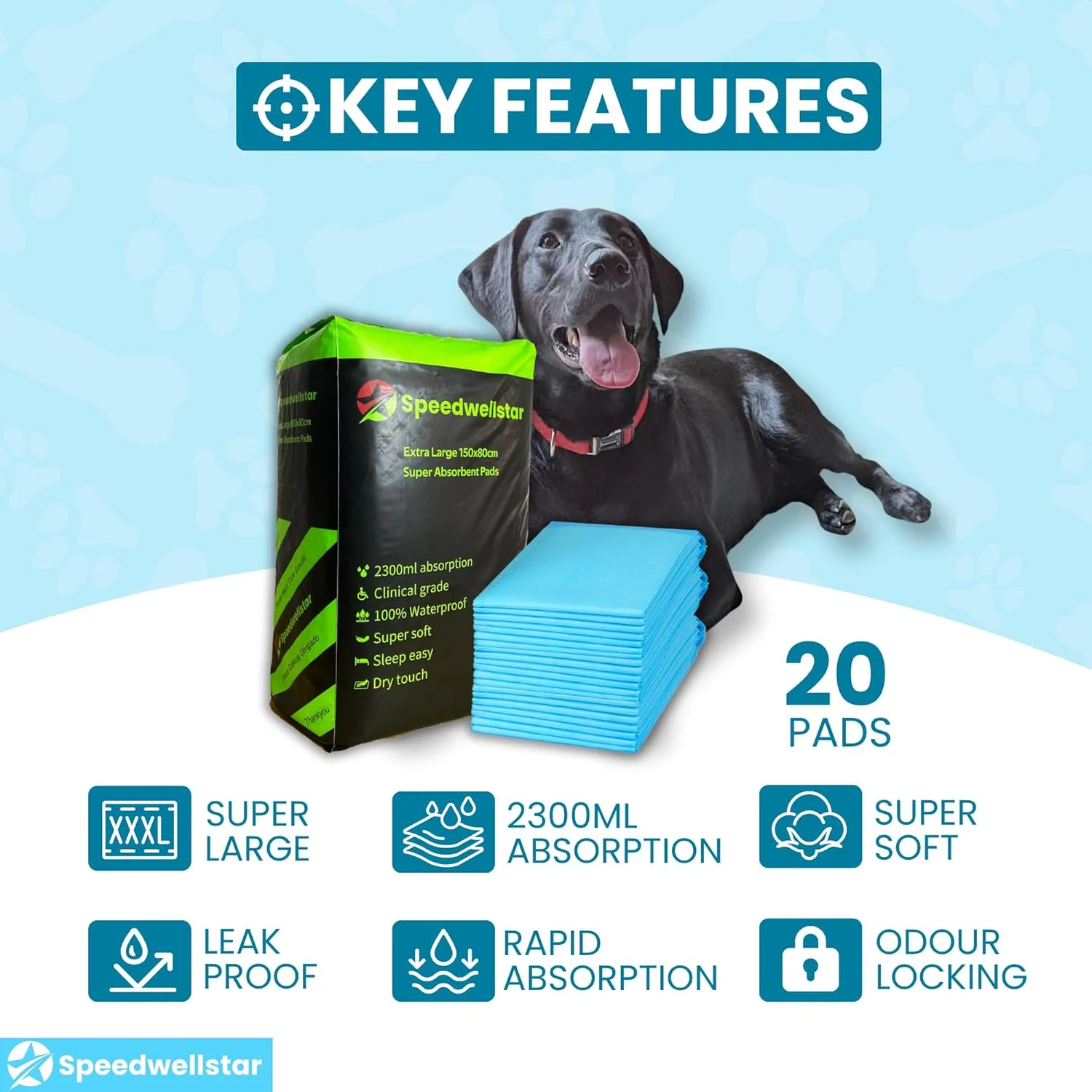 پدهای ادرار فوق العاده بزرگ سگ Speedwellstar 20 عددی - پدهای آموزش توالت سگ 150x80 سانتی متر، پدهای بسیار جاذب بی اختیاری ادرار حیوانات خانگی، ظرفیت 2300 میلی لیتر، بسته 20 عددی -