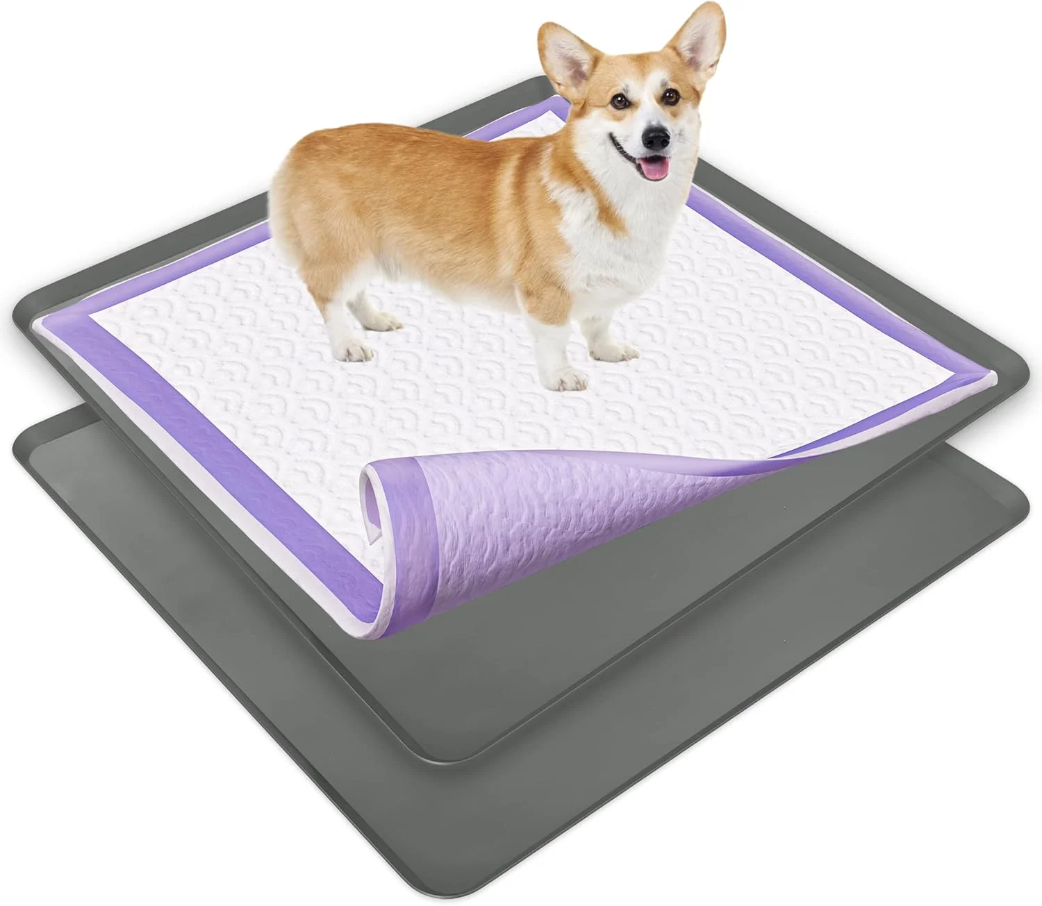 سینی نگهدارنده پد مخصوص سگ Skywin برای پدهای آموزشی 36 در 36 اینچ - بسته 2 عددی نگهدارنده سیلیکونی پد ادرار، بدون ریزش پد ادرار برای سگ ها - تمیز کردن و نگهداری آسان، ایده آل برای سینی دستشویی سگ (خاکستری)