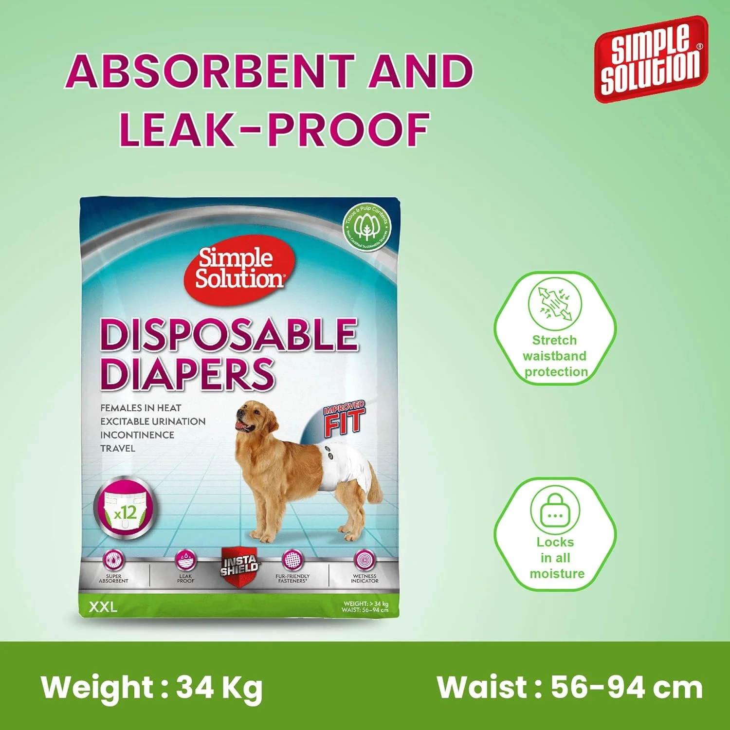 پوشک یکبار مصرف سگ ماده Simple Solution True Fit، فوق العاده جاذب با نشانگر رطوبت، ضد نشت، جذب سریع مایع برای خشکی طولانی مدت، سایز XXL دور کمر 56-94 سانتی متر (12 عددی)