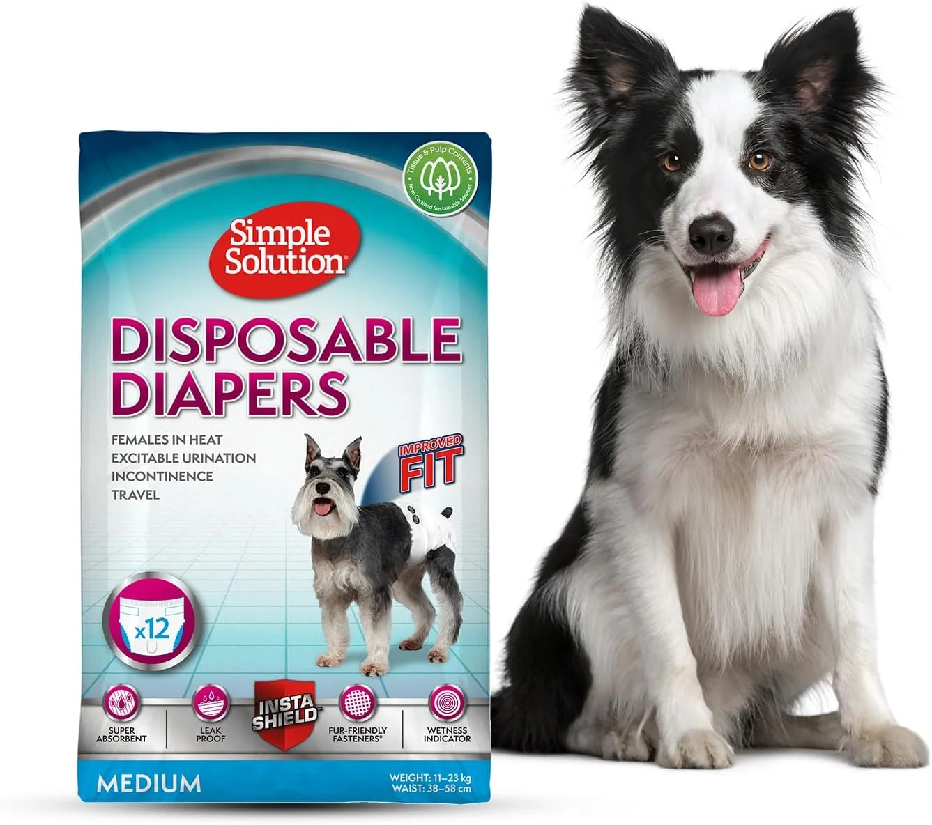 پوشک یکبار مصرف سگ ماده با جذب فوق العاده و نشانگر رطوبت، بست های قابل تنظیم و سازگار با خز برای تناسب راحت، سایز متوسط 38-58 سانتی متر (12 عددی)