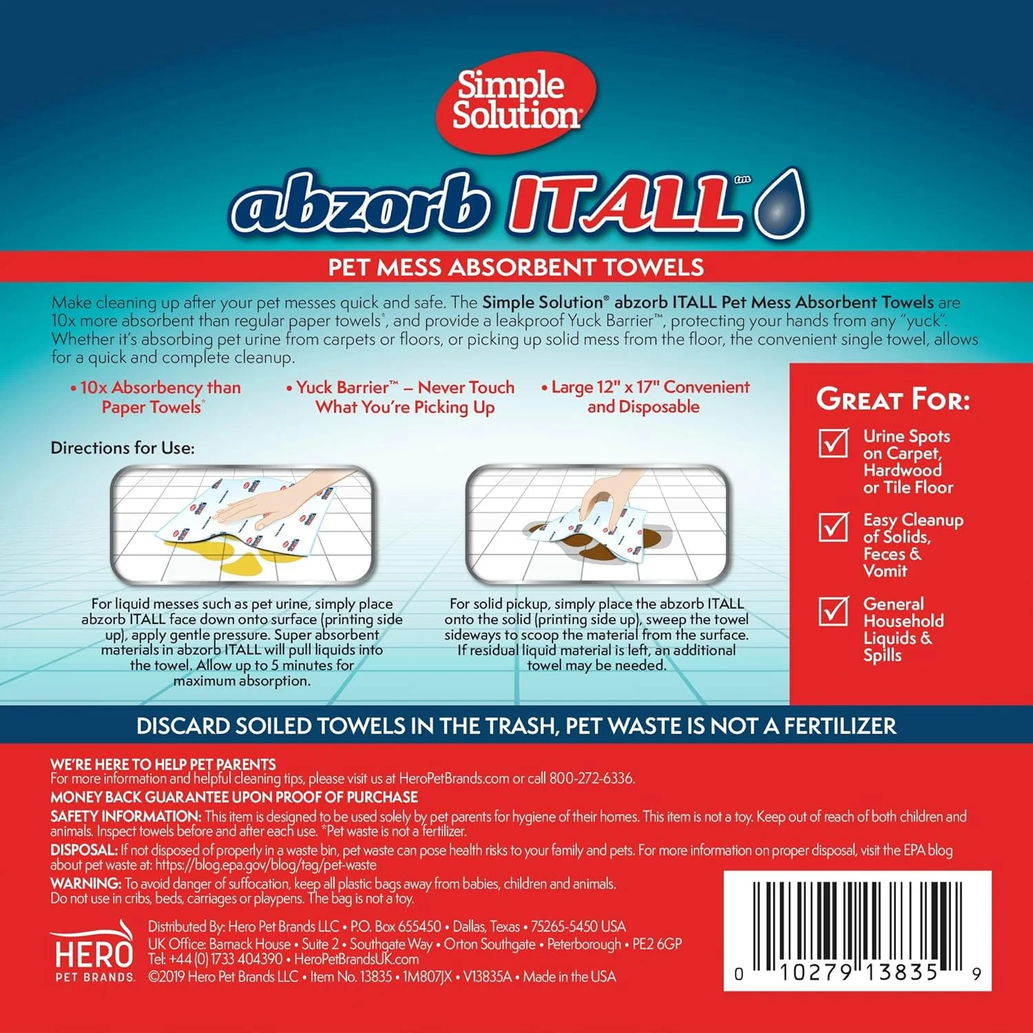 دستمال جاذب آلودگی حیوانات خانگی Simple Solution Abzorbitall | ورق های تمیز کننده چند سطحی ادرار و مدفوع سگ | 30 عدد 30x43 سانتی متر