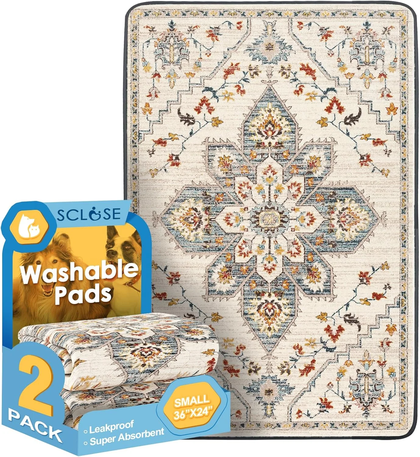 پدهای ادرار قابل شستشو سگ SCLOSE، بسته 2 عددی، 91x61 سانتی متر، پدهای توله سگ قابل استفاده مجدد و ضد آب، زیرانداز سگ فوق العاده جاذب، ضد نشت، پد باکس سگ، زیرانداز محوطه بازی، پدهای زایمان، طرح مدالیون سفید