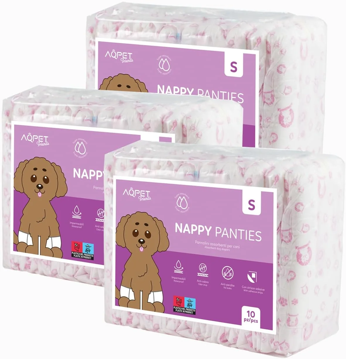 شورت بهداشتی سگ ماده Aqpet، پدهای جاذب برای دوران بی اختیاری و دوره عادت ماهیانه، دارای بست چسبی قابل تنظیم، ضد بو، یکبار مصرف، سایز کوچک 370 x 275 میلی متر، بسته 30 عددی