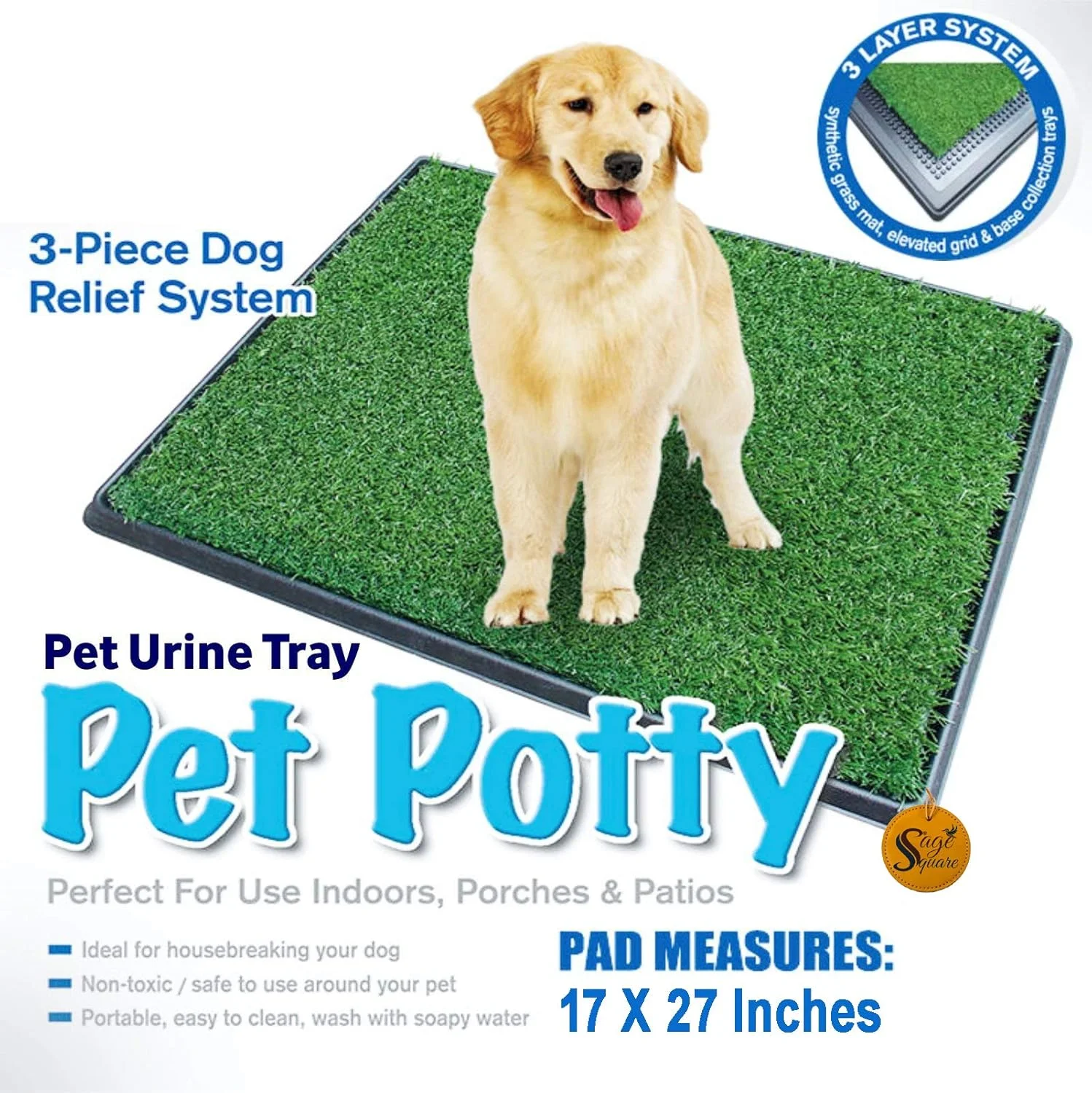 پد آموزشی دستشویی سگ و گربه Sage Square برای استفاده در داخل یا خارج از منزل، 3 تکه، سیستم آموزش ادرار توله سگ (1 ست 3 تکه)