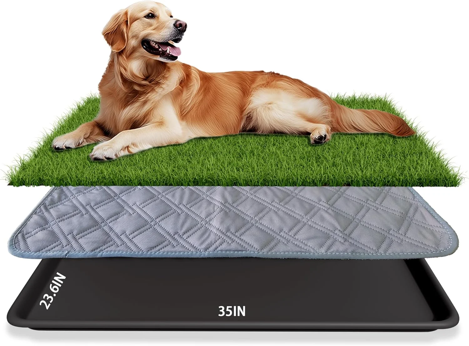 پد دستشویی چمن سگ با سینی، قابل شستشو و استفاده مجدد، چمن مصنوعی برای آموزش توله سگ، جعبه بستر قابل حمل سگ برای استفاده در داخل، خارج و بالکن (سیستم سینی - 35 × 23 اینچ)