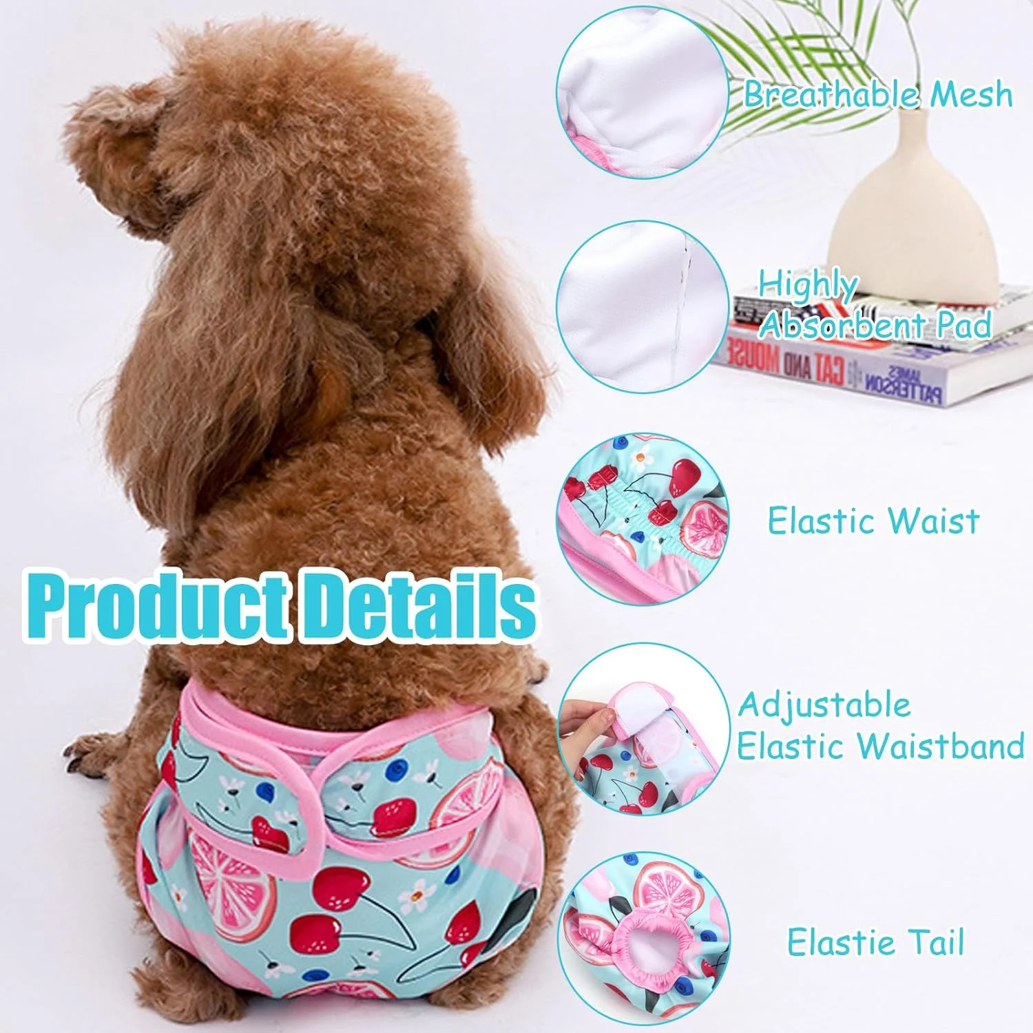 دو بسته پوشک سگ قابل استفاده مجدد، پوشک سگ ماده قابل شستشو برای سگ های کوچک و متوسط با بی اختیاری ادرار، شورت بهداشتی بسیار جاذب برای سگ های ماده در دوره فحلی (دور کمر 40 تا 50 سانتی متر)