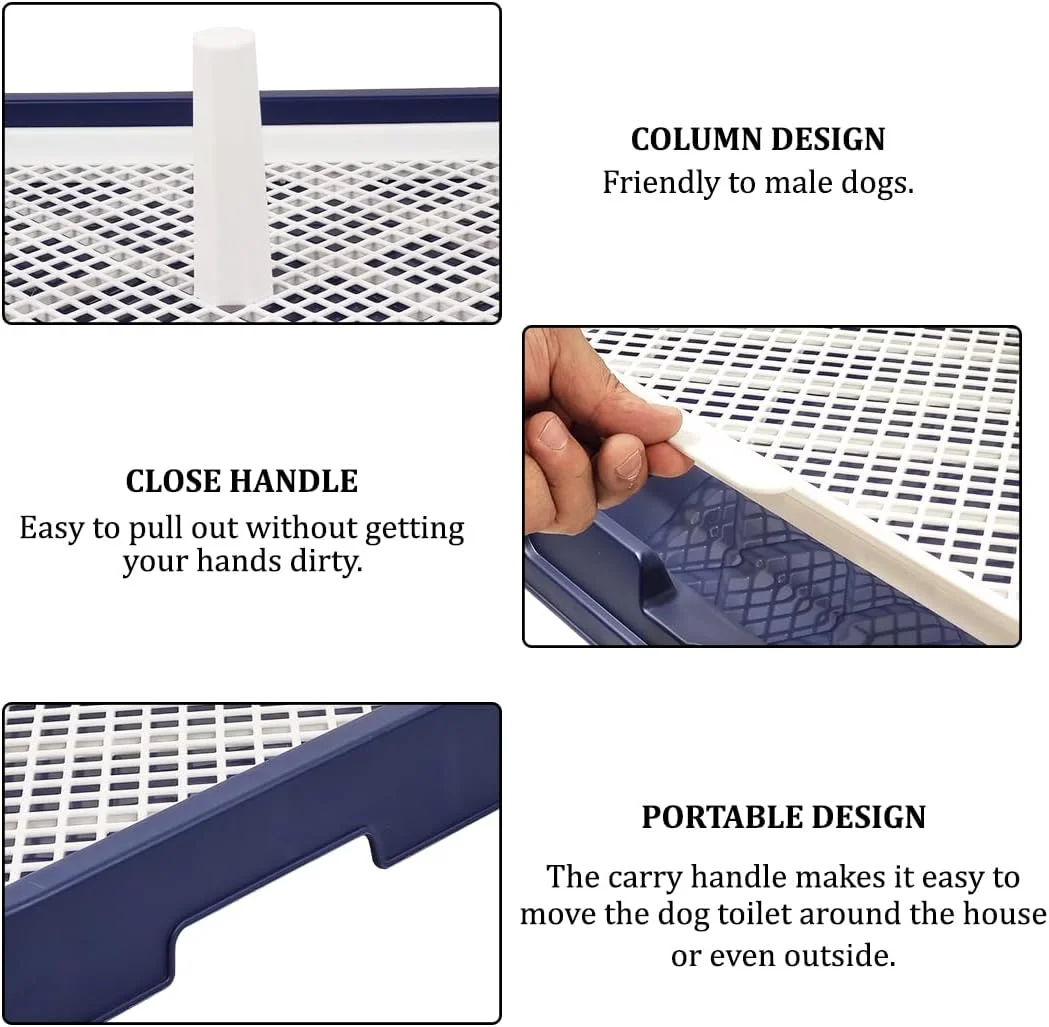 توالت سگ قابل استفاده مجدد با نگهدارنده پلاستیکی، میله راهنمای ادرار و توری قابل جابجایی، طراحی جمع و جور برای سگ های متوسط ​​تا بزرگ، ایده آل برای آموزش دستشویی در داخل و خارج از منزل، ضد نشت و بادوام، 54 سانتی متر (آبی)