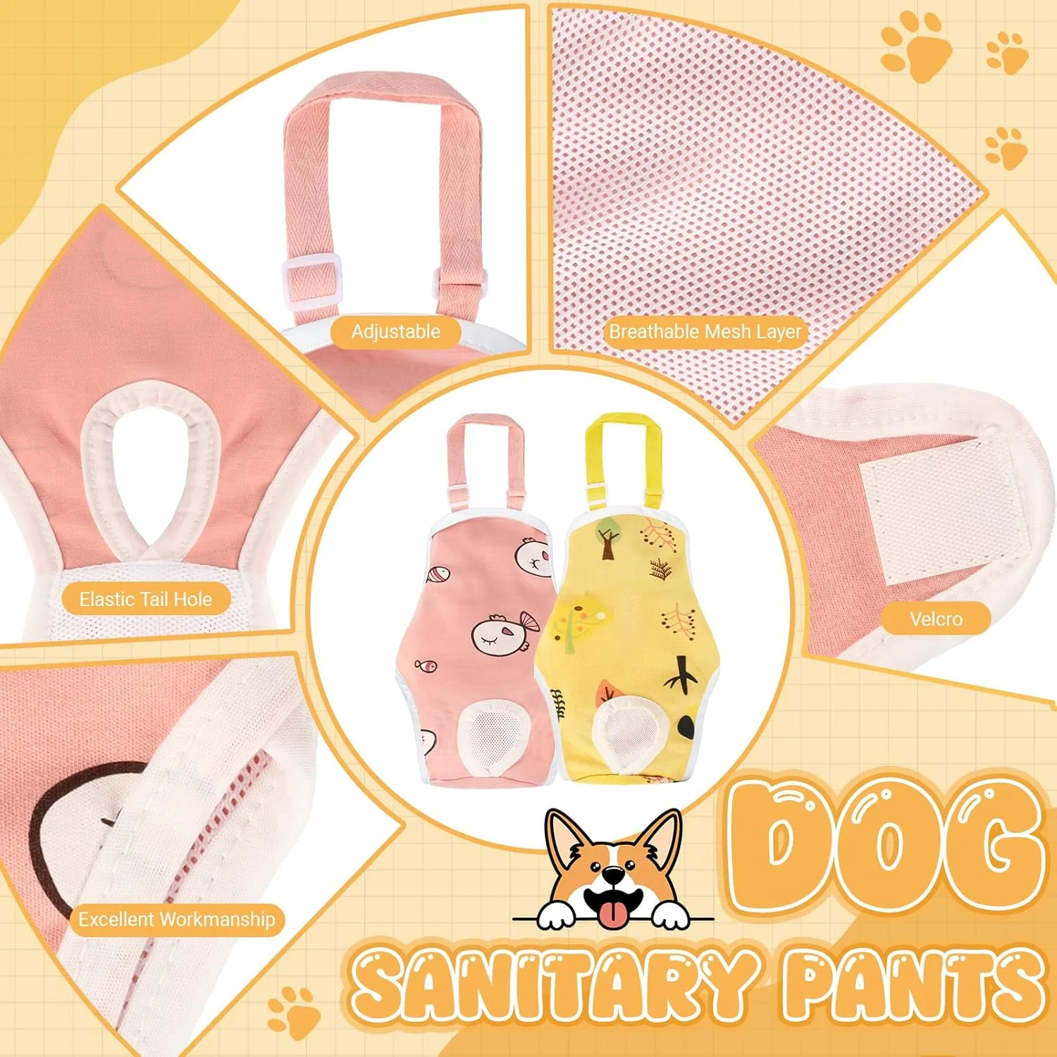 ست 2 عددی شورت بهداشتی سگ ماده قابل شستشو، شورت بی اختیاری سگ با بندهای قابل تنظیم، پوشک نرم و جاذب سگ برای دوران قاعدگی، شورت سگ توله سگ در گرما یا بی اختیاری
