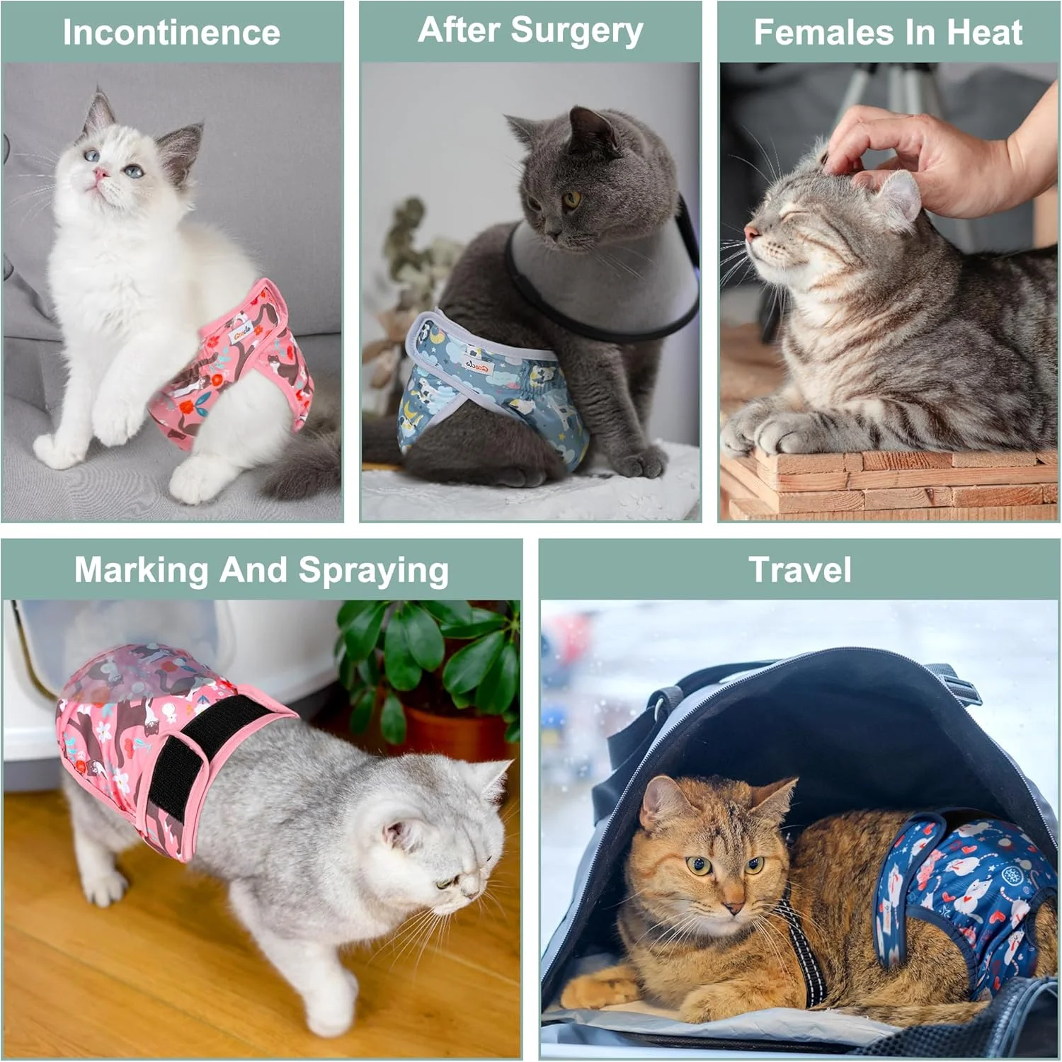 پوشک گربه قابل استفاده مجدد، بسته 3 عددی با جذب خوب، پوشک بچه گربه کوچک برای گربه های ماده و نر - استفاده آسان، تناسب مطمئن