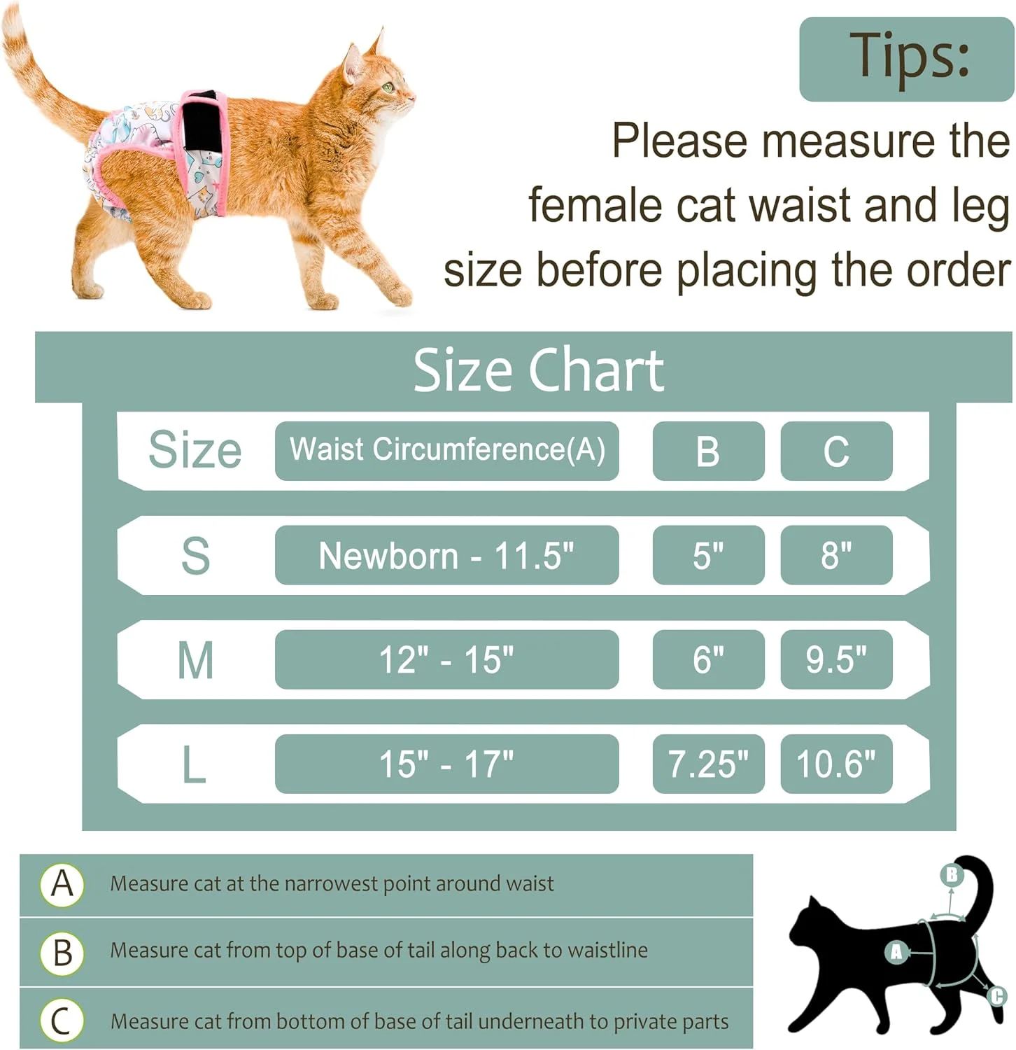 پوشک گربه قابل استفاده مجدد، بسته 3 عددی با قدرت جذب بالا، پوشک بچه گربه برای گربه های ماده و گربه های نر کوچک، استفاده آسان، با طرح زیبا و فیت مطمئن L