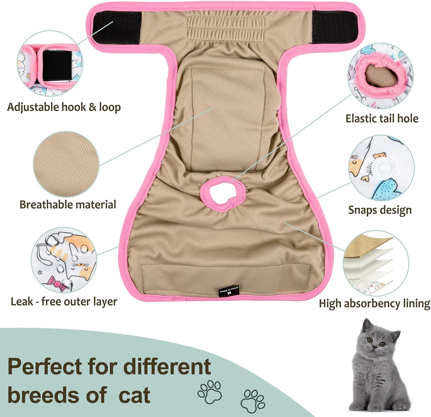 پوشک گربه قابل استفاده مجدد، بسته 3 عددی با قدرت جذب بالا، پوشک بچه گربه برای گربه های ماده و گربه های نر کوچک، استفاده آسان، با طرح زیبا و فیت مطمئن L