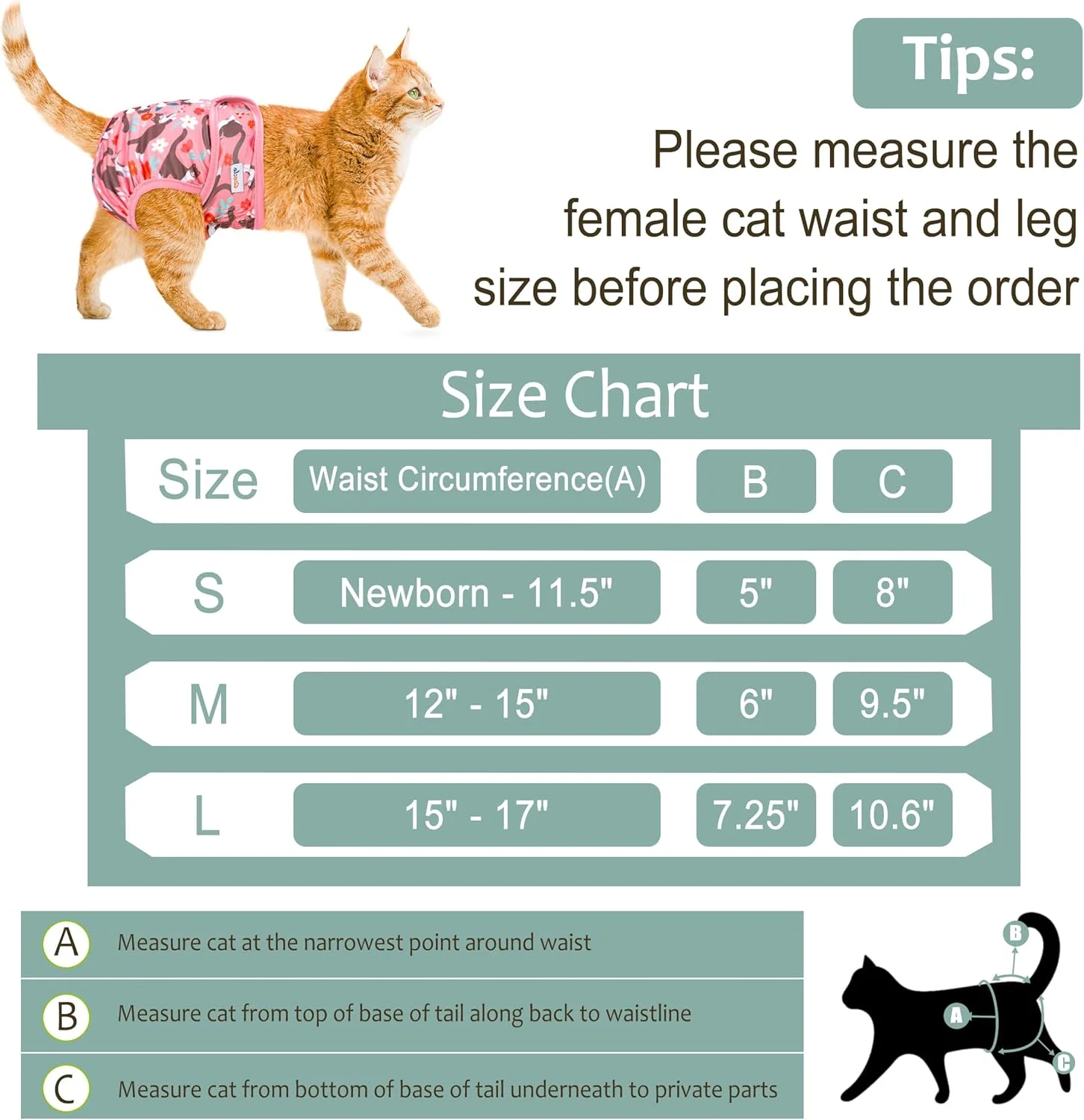 پوشک گربه قابل استفاده مجدد، بسته 3 عددی با جذب خوب، پوشک بچه گربه کوچک برای گربه های ماده و نر - استفاده آسان، تناسب مطمئن