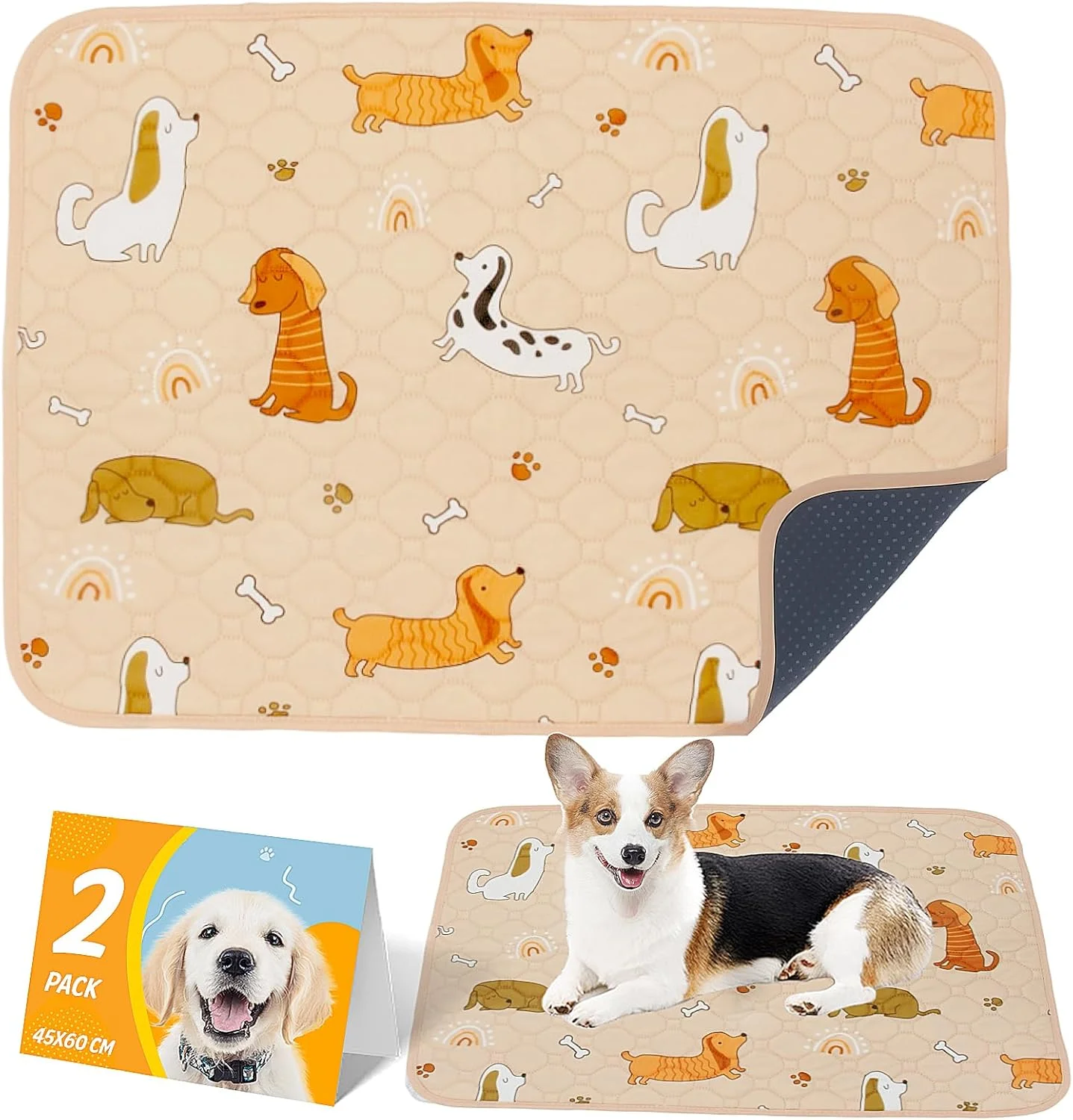 پدهای آموزشی سگ قابل استفاده مجدد، بسته 2 عددی پد توله سگ قابل شستشو، ضد آب جاذب، پد ادرار سگ ضد لغزش با طرح چاپی برای محافظت از کف، آموزش توالت، 60x45 سانتی متر
