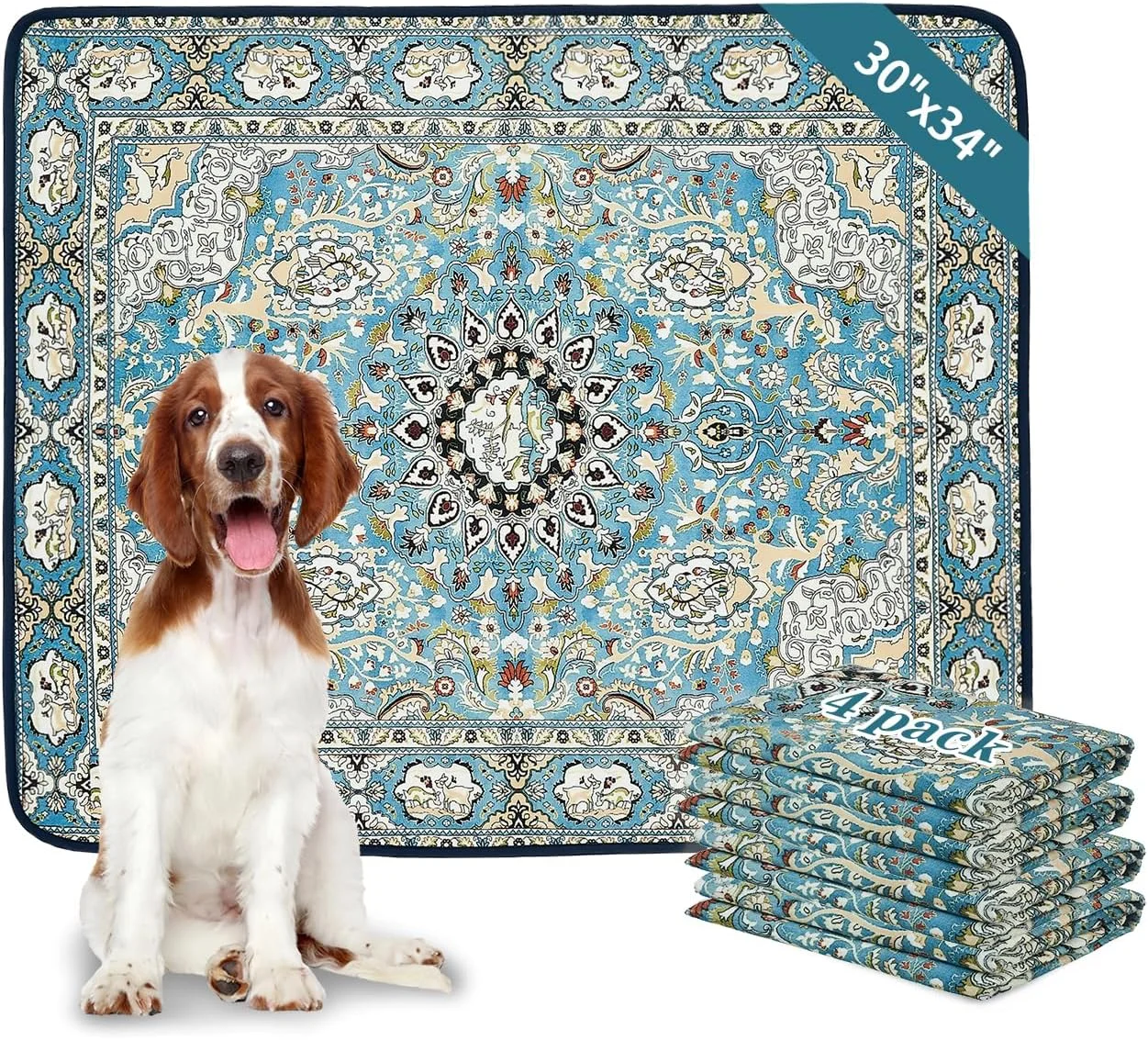 پدهای ادرار سگ قابل شستشو Qeils، بسته 4 عددی پد توله سگ قابل استفاده مجدد 30"x34" فوق العاده جاذب و ضد نشت، پدهای آموزش سگ غیر لغزنده، پدهای زایمان برای قفس، کف، مبل، زیرانداز بستر لوازم توله سگ