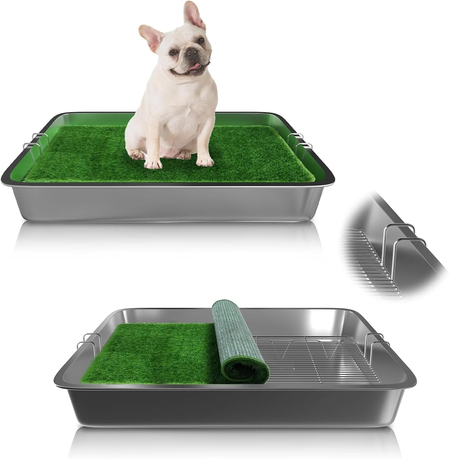 پد چمن سگ استیل ضد زنگ با سینی بزرگ 71x51x10 سانتی متر، ضد آب، قابل شستشو و استفاده مجدد برای آموزش دستشویی سگ های بزرگ در فضای باز و داخلی، مناسب بالکن و ایوان