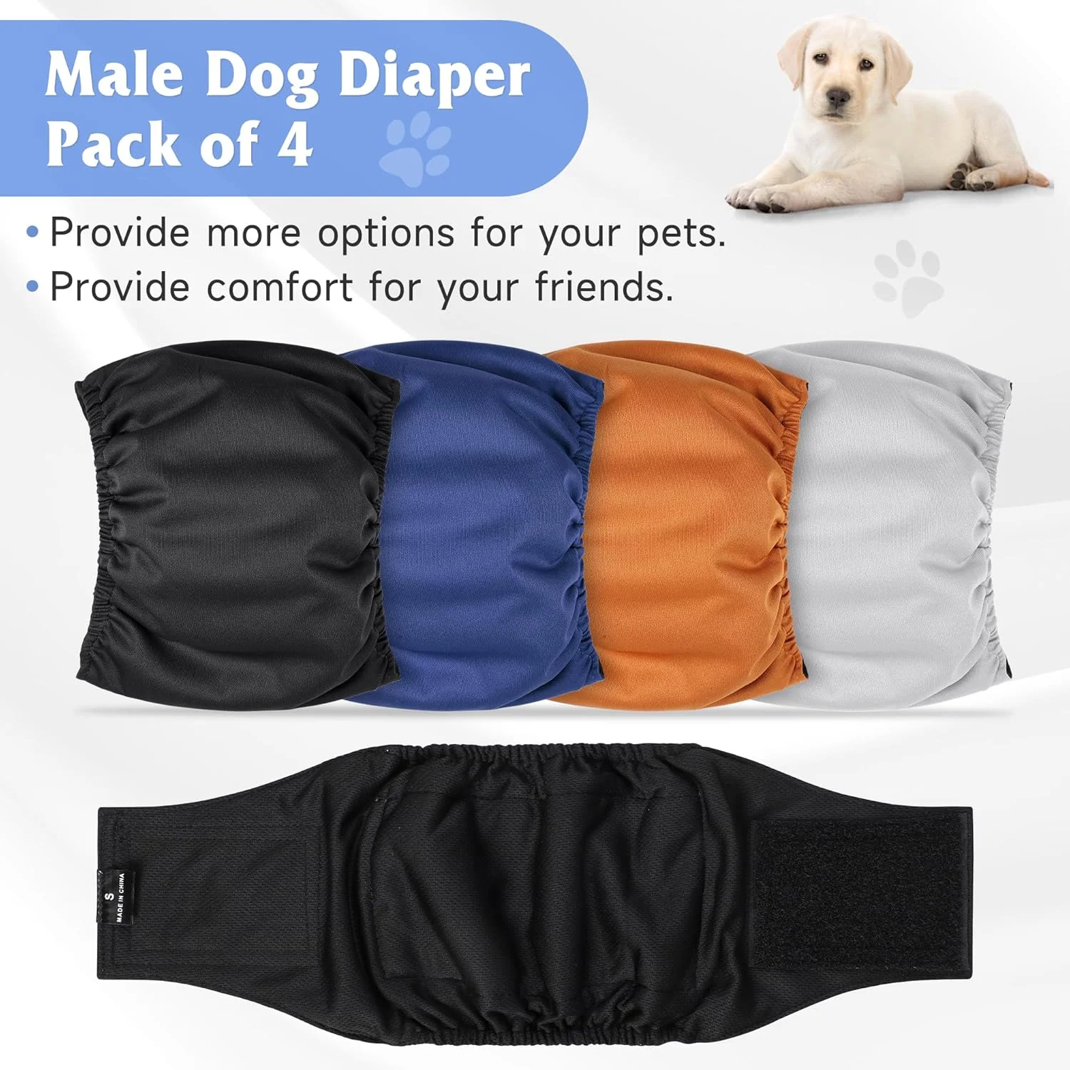 باند شکمی قابل شستشو برای سگ های نر (بسته 4 عددی)، پوشینه سگ نر قابل استفاده مجدد، دورپیچ شکمی سگ نر قابل شستشو، سایز متوسط