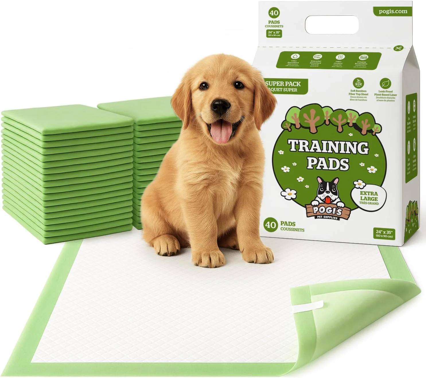 پدهای آموزشی سگ سایز خیلی بزرگ پوگی با برچسب های چسبی (40 عددی) (60x89 سانتی متر) - پدهای ادرار سگ، پدهای ادرار گیاهی برای سگ ها - پدهای ادرار خیلی بزرگ برای سگ های کوچک تا خیلی بزرگ