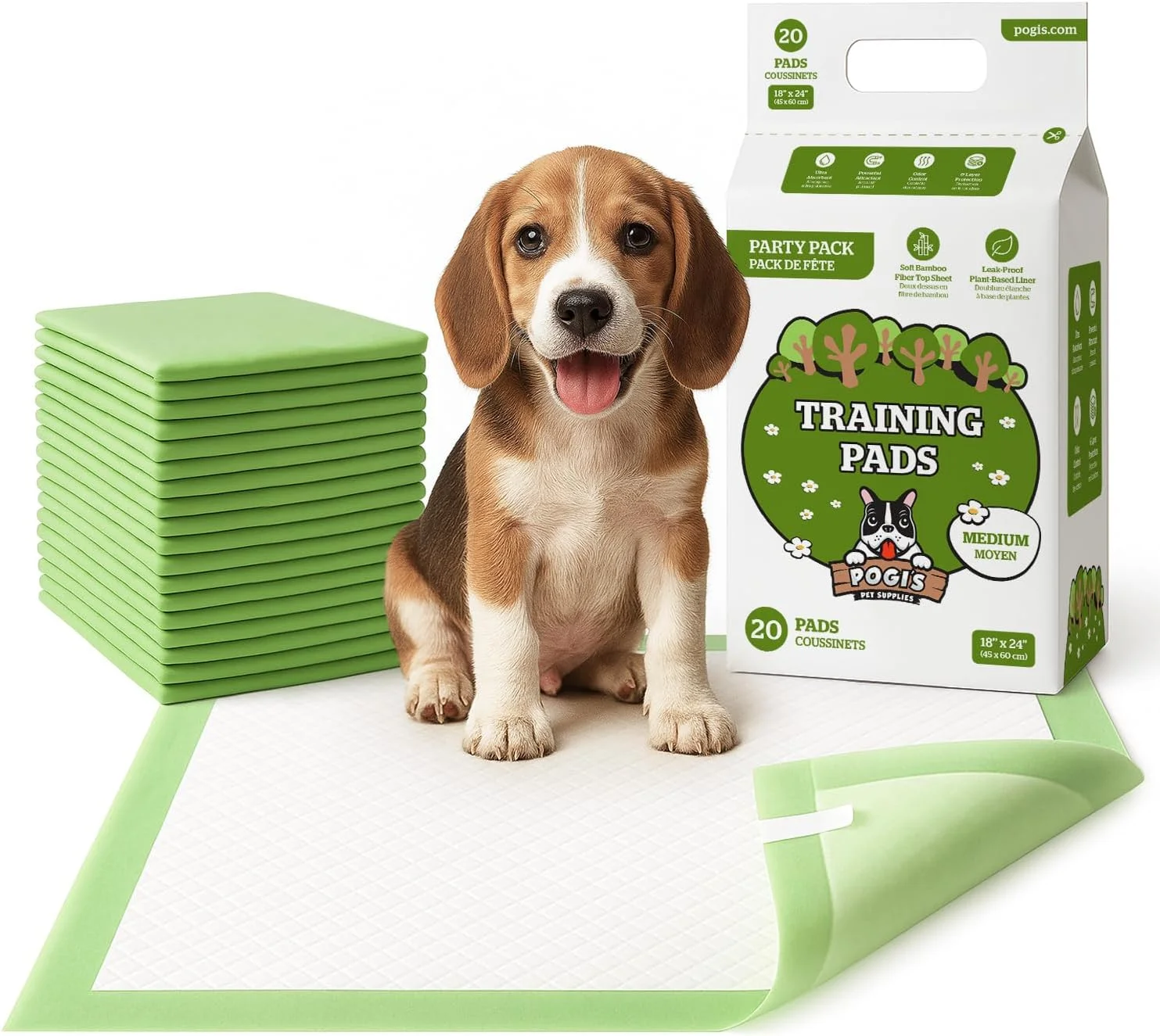 Pogi's Training Pads - Medium, Super-Absorbent, Puppy Training Pads with Sticky Tabs for Small to Medium Sized Dogs (Medium - 45 x 60 cm, 20-Count)