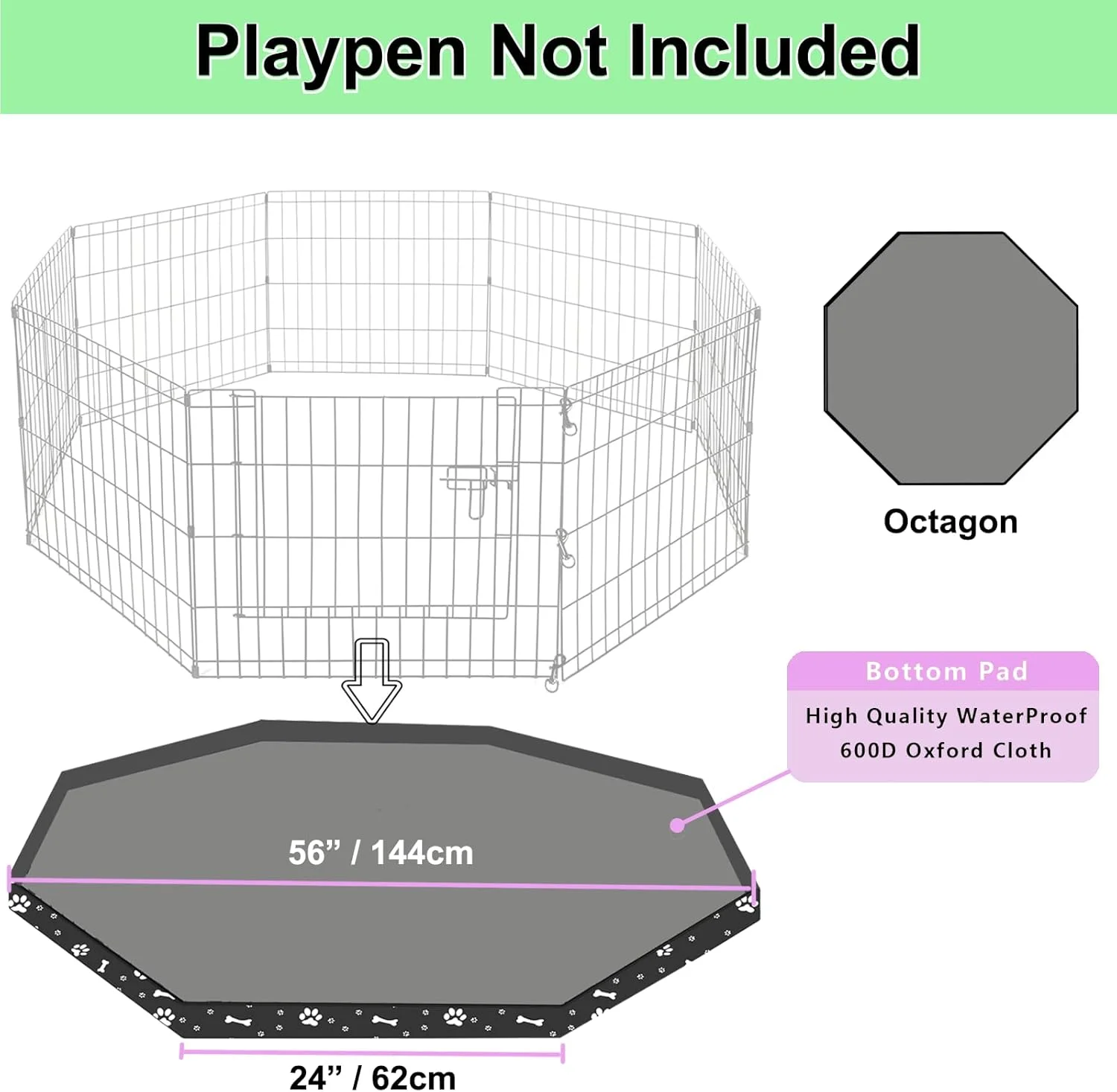 پد زیرین محوطه بازی سگ برای محوطه فلزی هشت ضلعی 8 پنلی حیوانات خانگی 24 اینچی | تشک آموزش سگ ضد آب و قابل استفاده مجدد | طراحی با اتصالات سگک الاستیک (توجه: محوطه بازی شامل نمی شود) (مشکی)