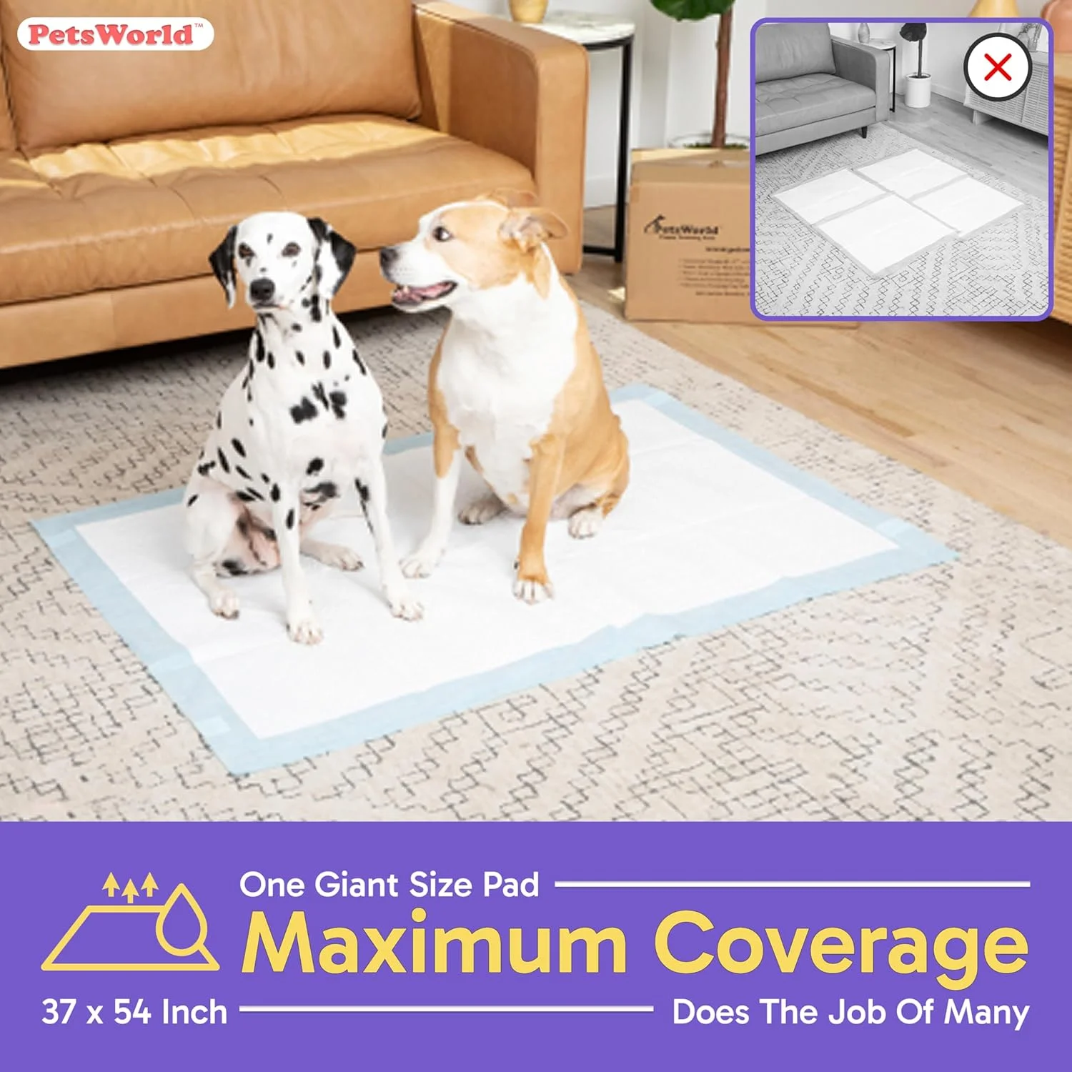 پدهای آموزش/دستشویی سگ PETSWORLD سایز خیلی بزرگ (94x137 سانتی متر)، خیلی خیلی بزرگ، مقاوم در برابر پارگی، دارای پشتی بسیار قوی و ضد نشت