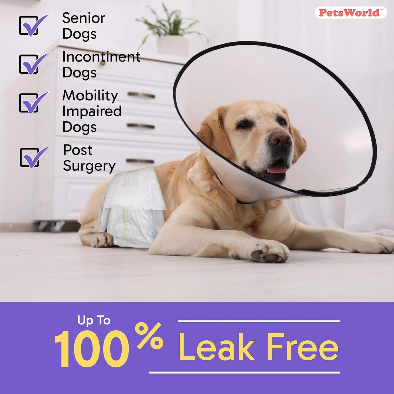 پوشک سگ یکبار مصرف پتس ورلد برای سگ های نر، کیفیت عالی، قابل تنظیم، بسیار جاذب، ضد نشت، بهترین راحتی (بزرگ، 100 عدد)