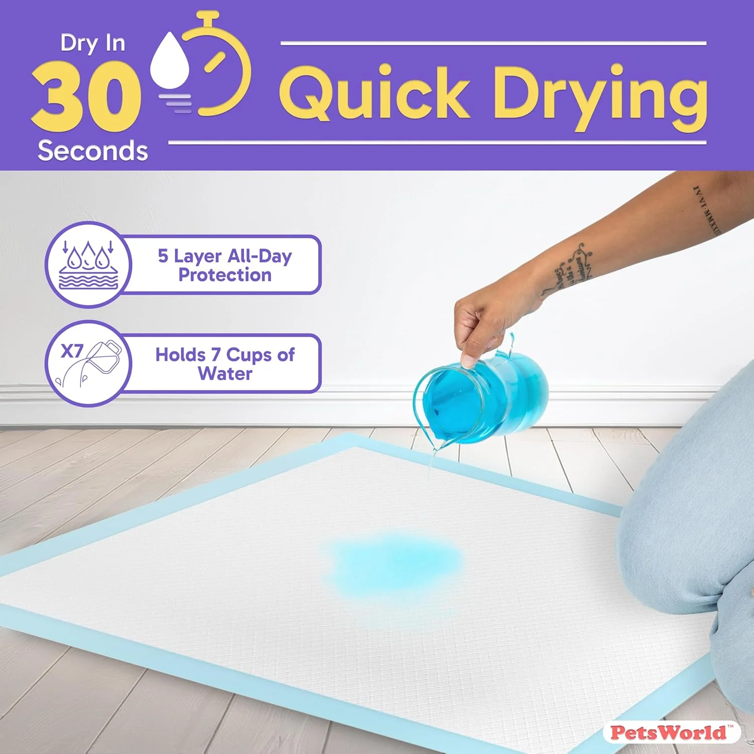 پدهای آموزش/دستشویی سگ بزرگ پتس ورلد، 71x112 سانتی متر، 100 عددی، بسیار بزرگ، مقاوم در برابر پارگی، فوق العاده جاذب و ضد نشت