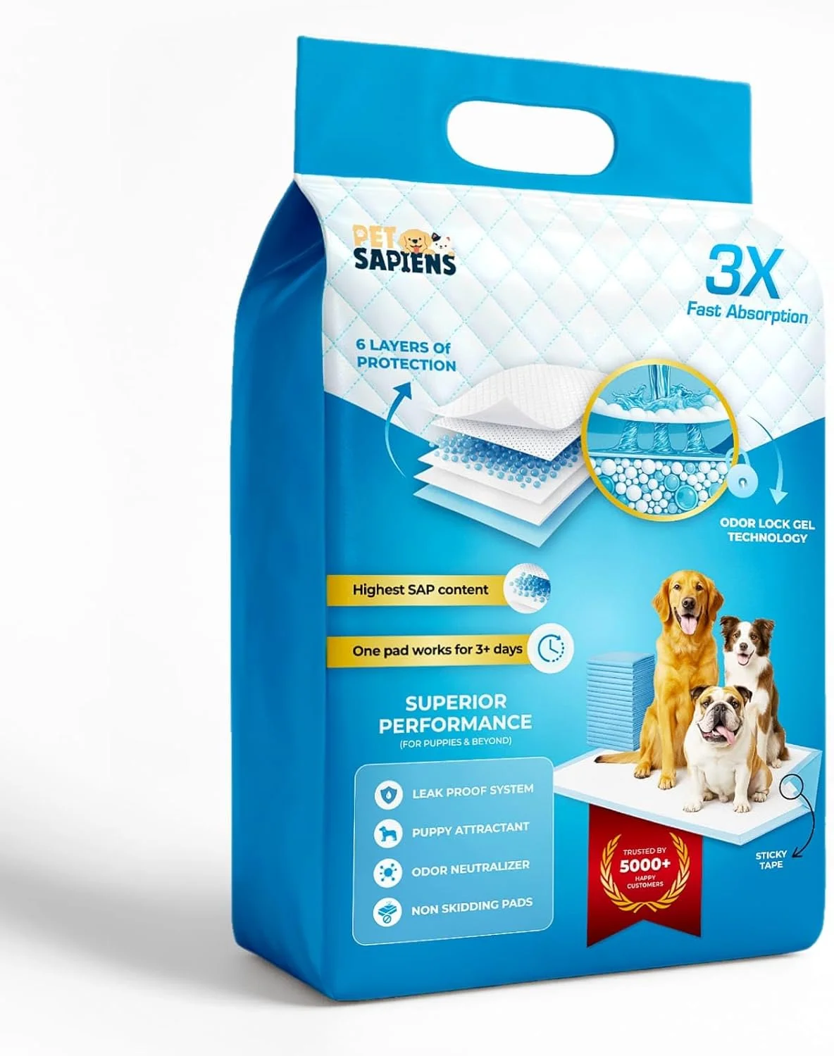 پدهای آموزشی حیوانات خانگی PetSapiens XL با نوار چسب کف، 60x90 سانتی متر (60 عدد) | پدهای ادرار آموزشی برای سگ ها | بادوام، خشک شدن سریع و جذب بالا | مناسب برای سگ های بزرگ، متوسط ​​و کوچک