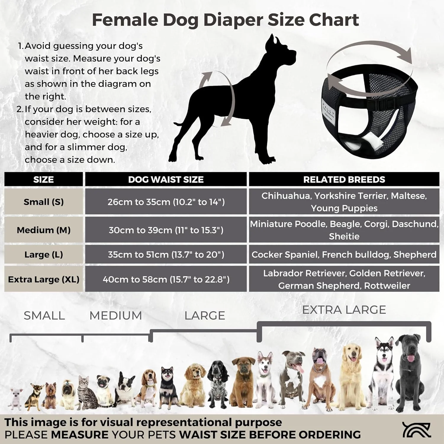 پوشک سگ ماده قابل تنفس و قابل استفاده مجدد PALLY Pets' Products با 6 پد پنبه ای جاذب، پوشک سگ راحت و قابل استفاده مجدد برای سگ ماده (بسیار بزرگ، دور کمر پیشنهادی - 40 تا 58 سانتی متر)