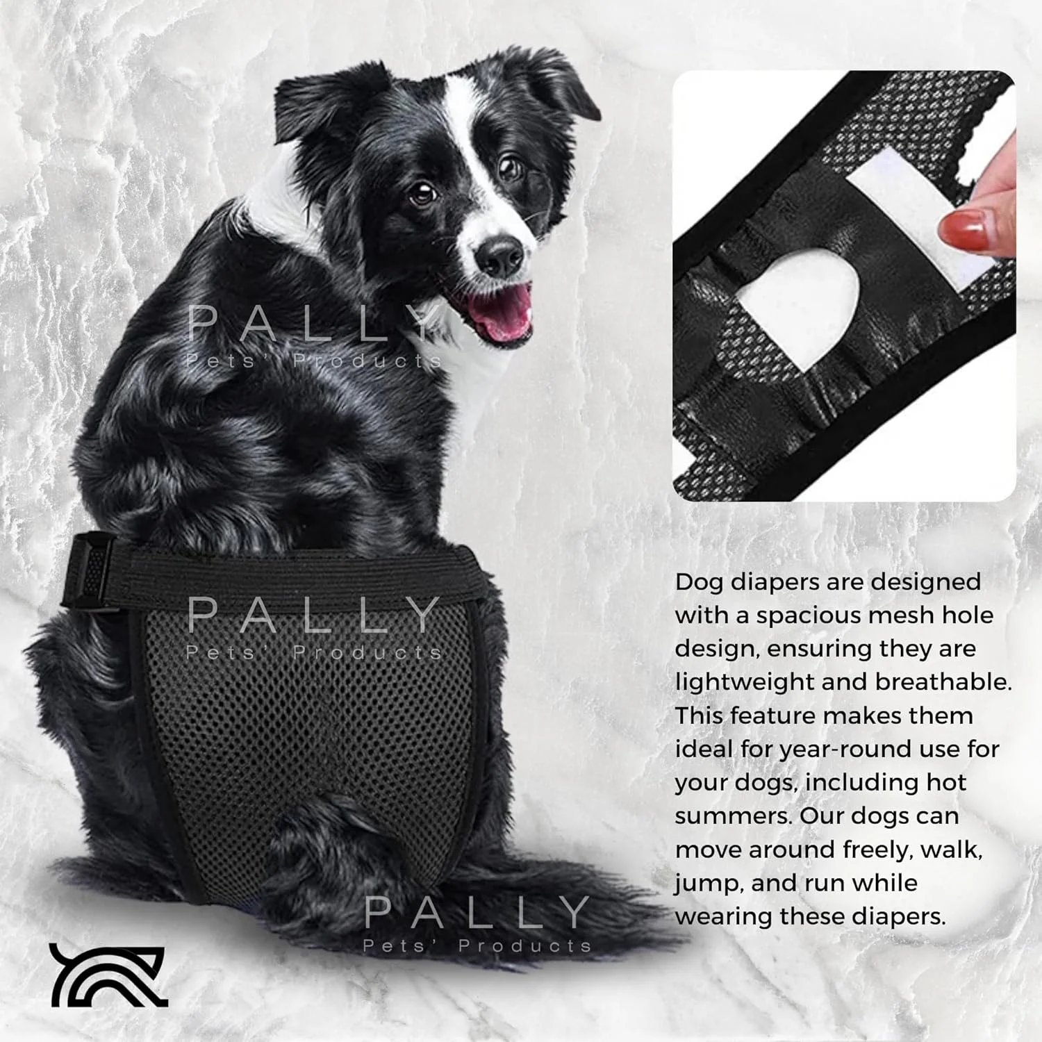 پوشک سگ ماده قابل تنفس و قابل استفاده مجدد PALLY Pets' Products با 6 پد پنبه ای جاذب، پوشک سگ راحت و قابل استفاده مجدد برای سگ ماده (بسیار بزرگ، دور کمر پیشنهادی - 40 تا 58 سانتی متر)