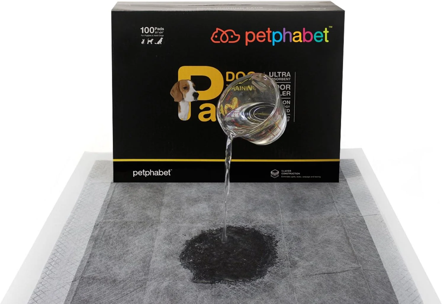 پدهای آموزشی ادرار سگ Petphabet، فوق جاذب، مناسب برای آموزش دستشویی توله سگ، بسته 100 عددی، 56*58 سانتی متر