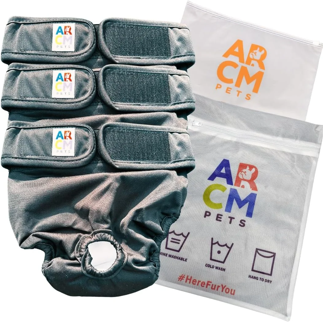 پوشک سگ ARCM Pets، پوشک سگ ماده قابل استفاده مجدد و ضد نشت | 3 عدد پوشک + کیف نگهداری و شستشو (مشکی) (خیلی کوچک)