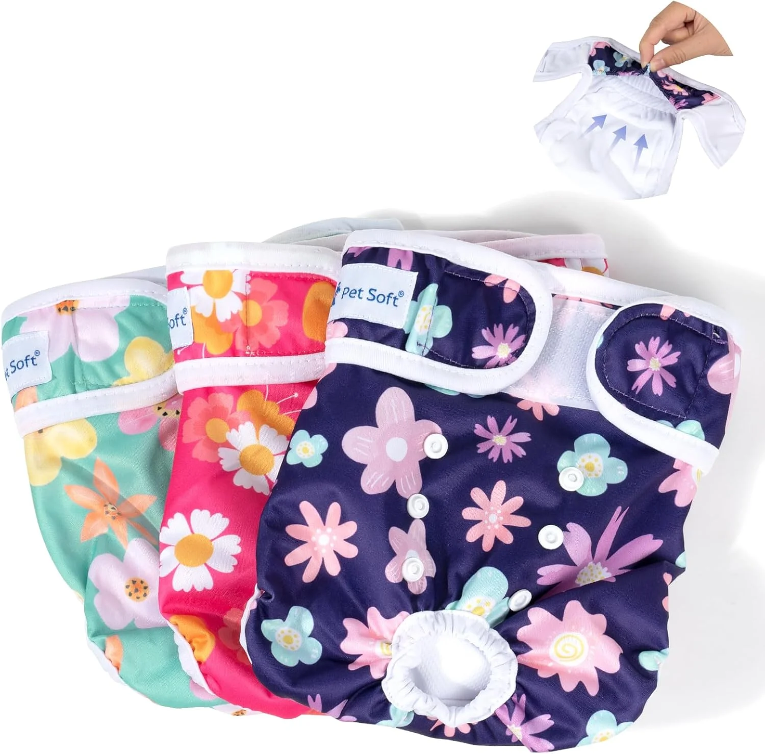 Pet Soft Dog Nappies Female, 3 Pack Dog Period Pants with Leak-proof Waistband, Super Absorbent Washable Dog Diapers for Female Dogs in Heat, Season (Floral, M)