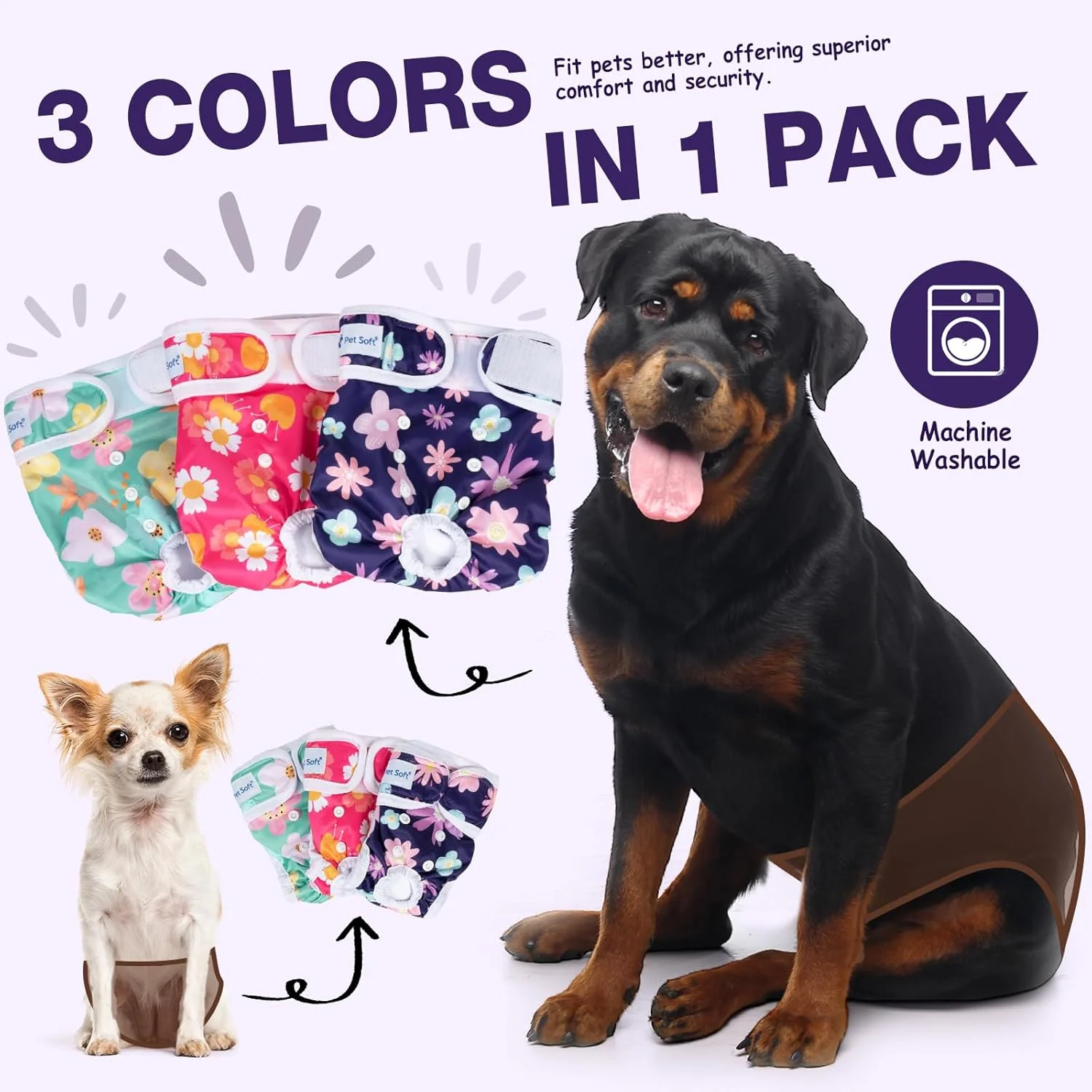 Pet Soft Dog Nappies Female, 3 Pack Dog Period Pants with Leak-proof Waistband, Super Absorbent Washable Dog Diapers for Female Dogs in Heat, Season (Floral, M)