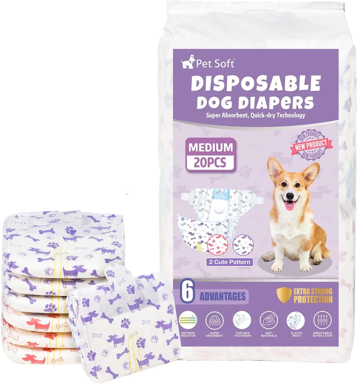 پوشک سگ نرم حیوانات خانگی ماده، 20 عدد شورت یکبار مصرف برای دوران قاعدگی سگ، پوشک سگ یکبار مصرف فوق العاده جاذب برای سگ های ماده با نشانگر رطوبت
